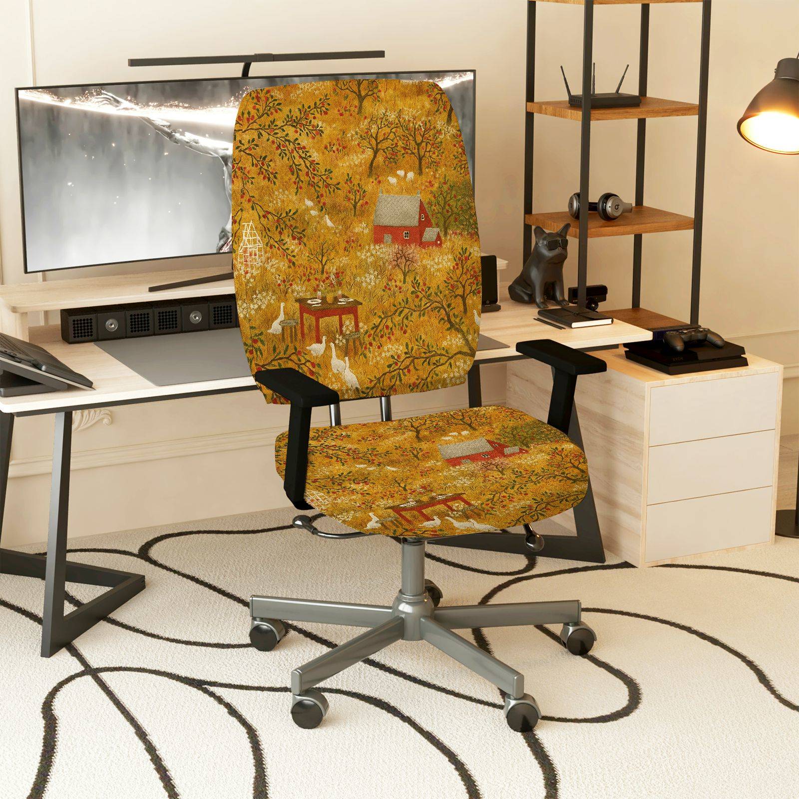 2-Piece Autumn Forest Animal Cabin Rabbit  Computer Chair Cover Set, Seat and Backrest