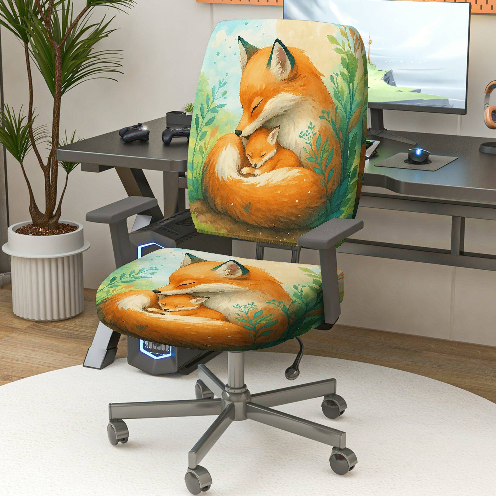 2-Piece Animal Art Fox Forest  Computer Chair Cover Set, Seat and Backrest