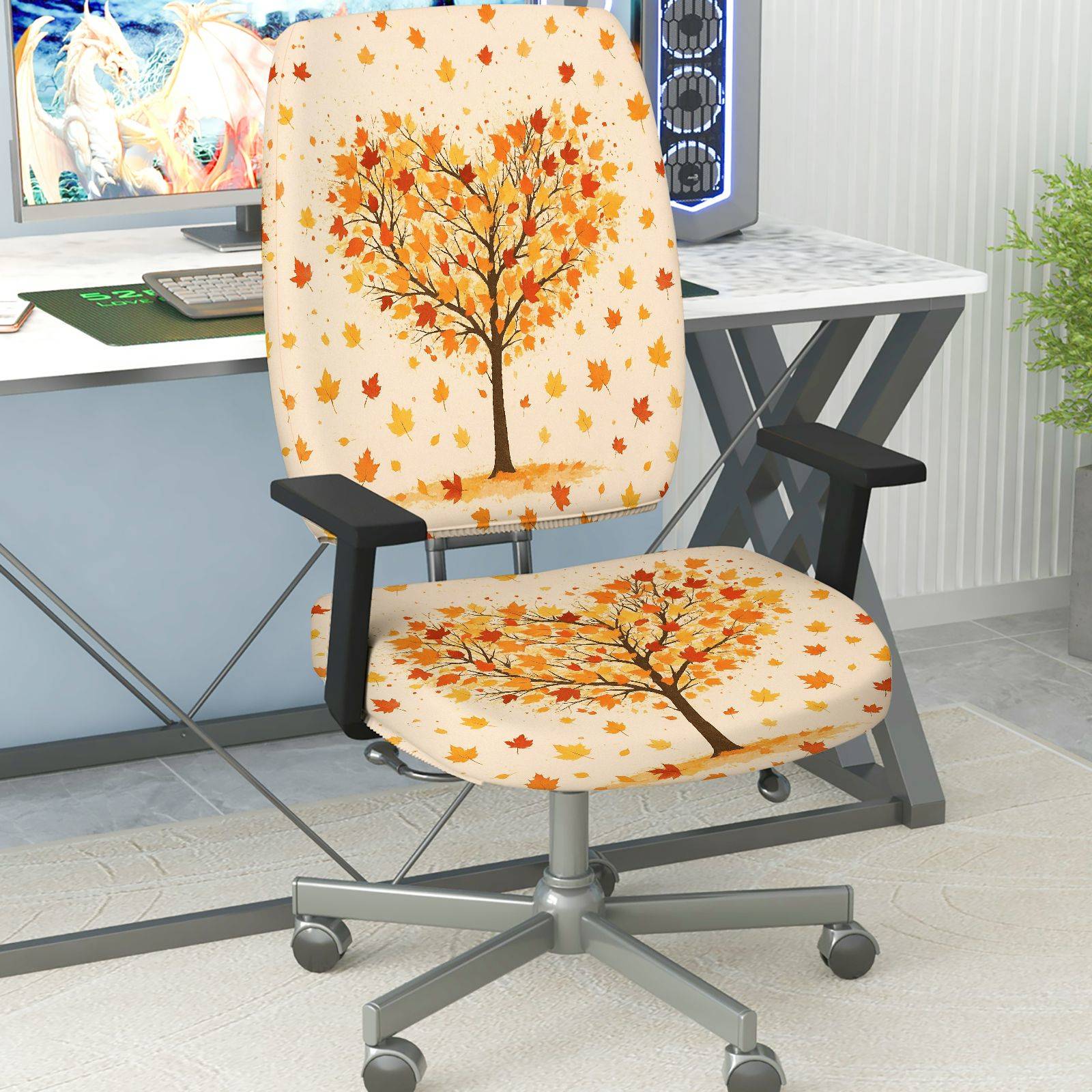 2-Piece Autumn Tree Leaves Pattern Seasonal Thanksgiving  Computer Chair Cover Set, Seat and Backrest