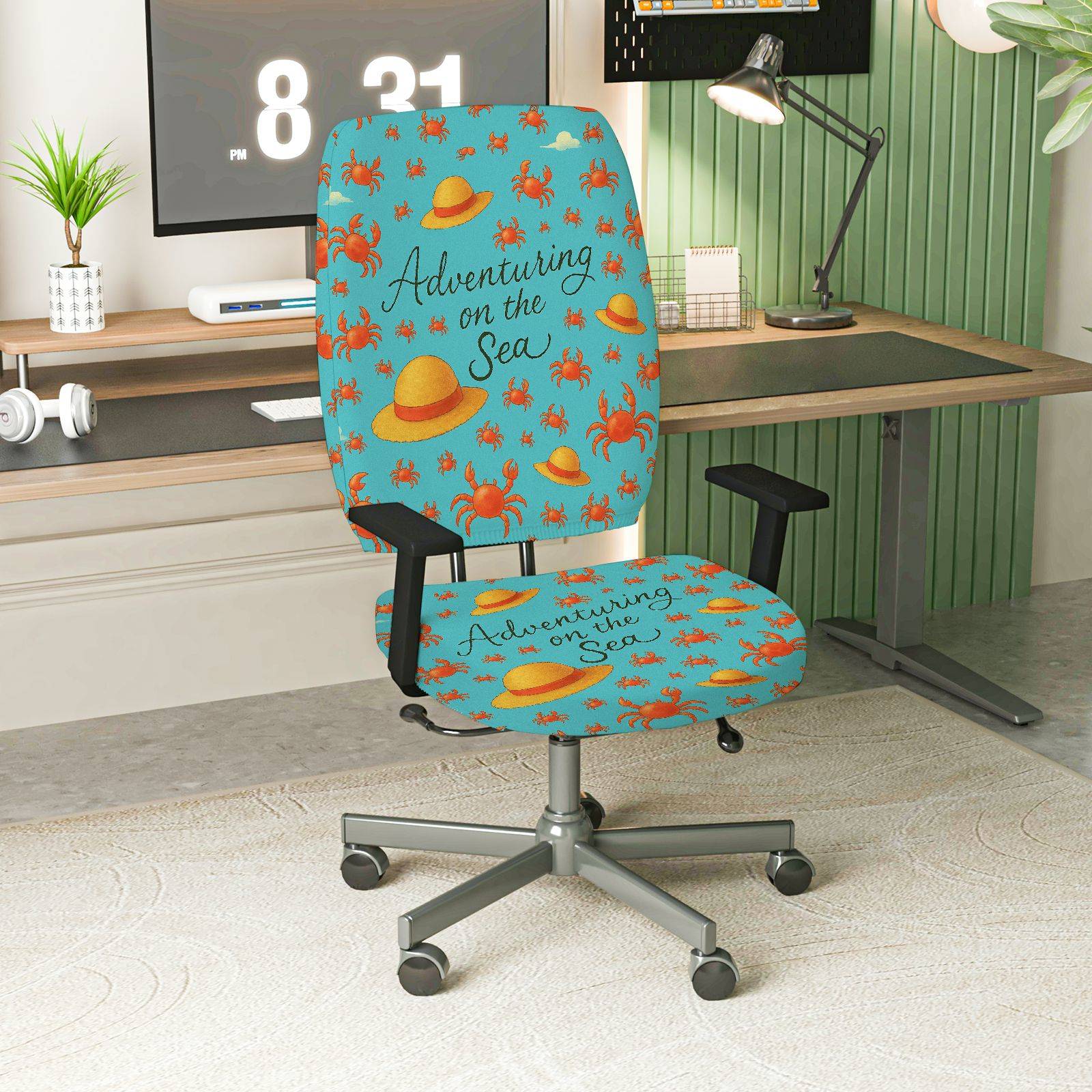 2-Piece Adventuring Sea Crab Hat Fun Blue  Computer Chair Cover Set, Seat and Backrest