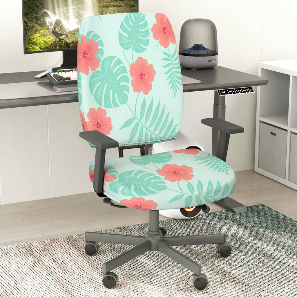 2-Piece Tropical Flower Leaf Pattern Green Pink  Computer Chair Cover Set, Seat and Backrest