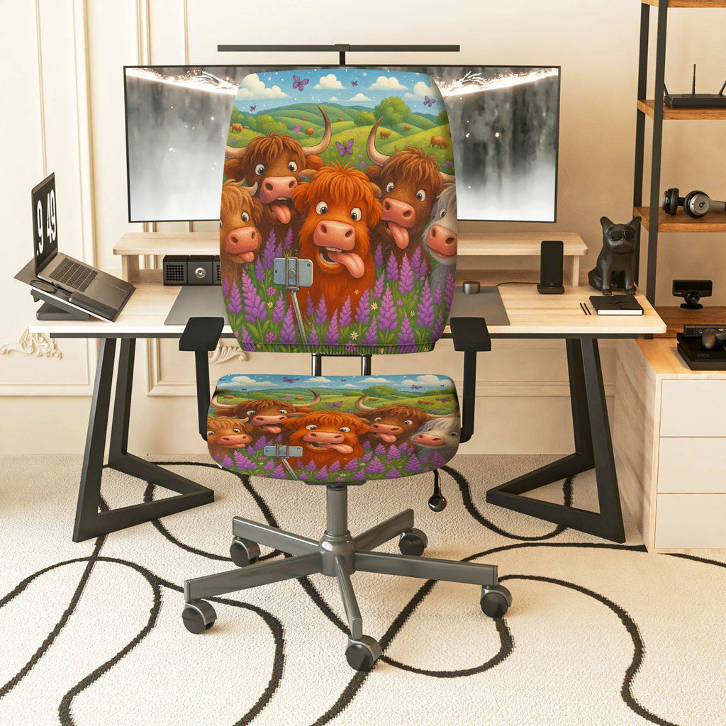 2-Piece Animal Pastoral Highland Cow Farm Nature  Computer Chair Cover Set, Seat and Backrest