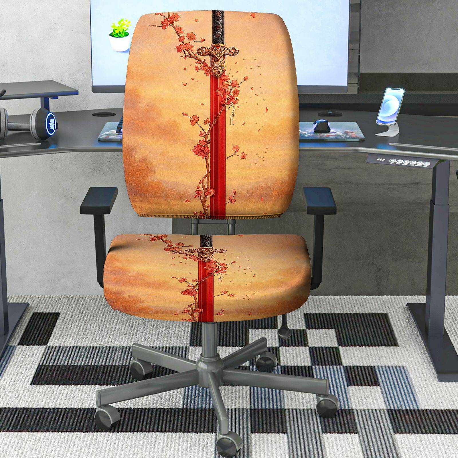 2-Piece Autumn Butterfly Zipper Floral Orange  Computer Chair Cover Set, Seat and Backrest