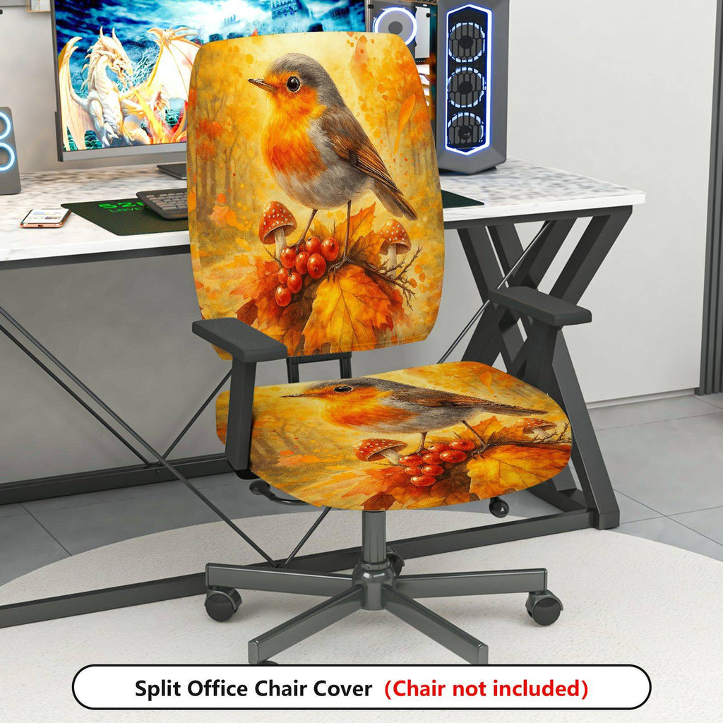 2-Piece Autumn Bird Mushroom Nature Artistic  Computer Chair Cover Set, Seat and Backrest