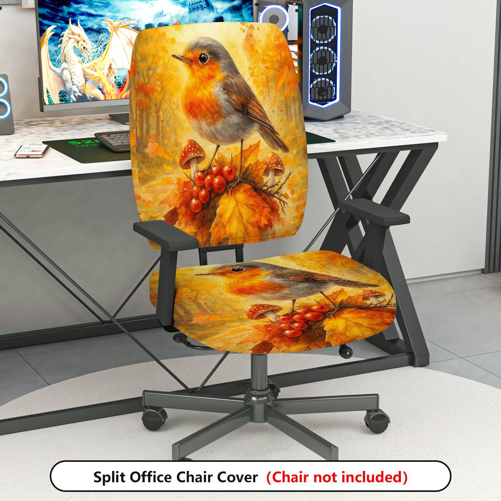 2-Piece Autumn Bird Mushroom Nature Artistic  Computer Chair Cover Set, Seat and Backrest