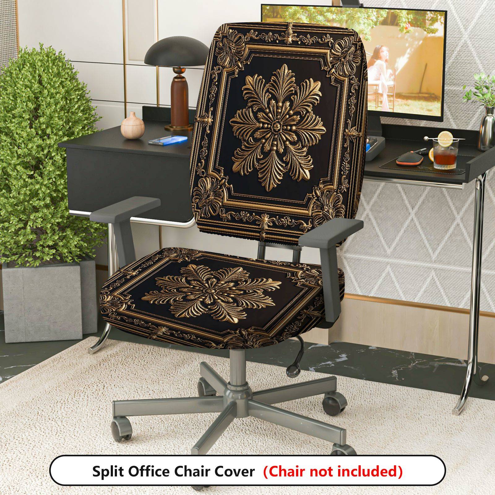 2-Piece Baroque Vintage European Palace Style Printed  Computer Chair Cover Set, Seat and Backrest