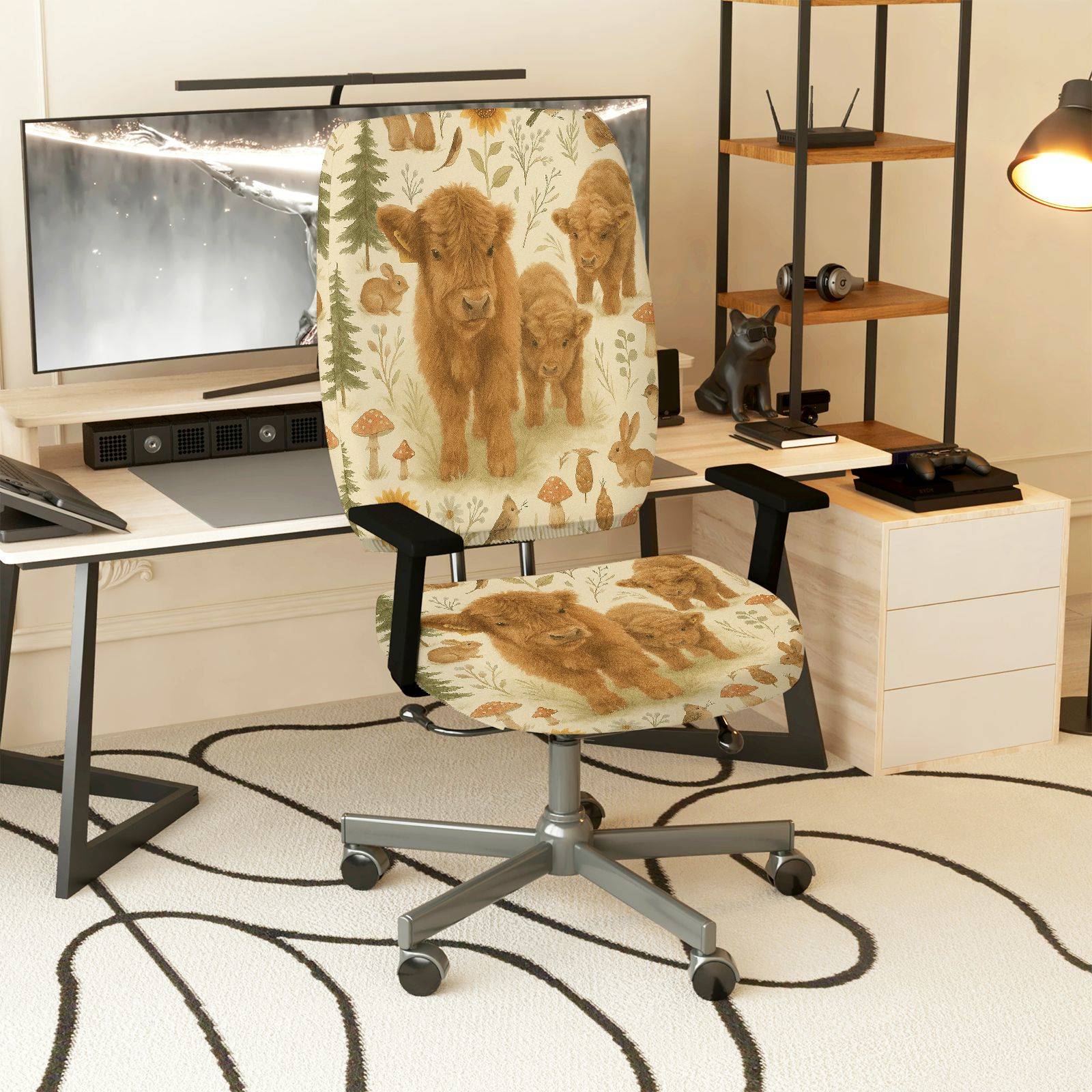 2-Piece Animal Nature Rustic Woodland Highland Cattle  Computer Chair Cover Set, Seat and Backrest