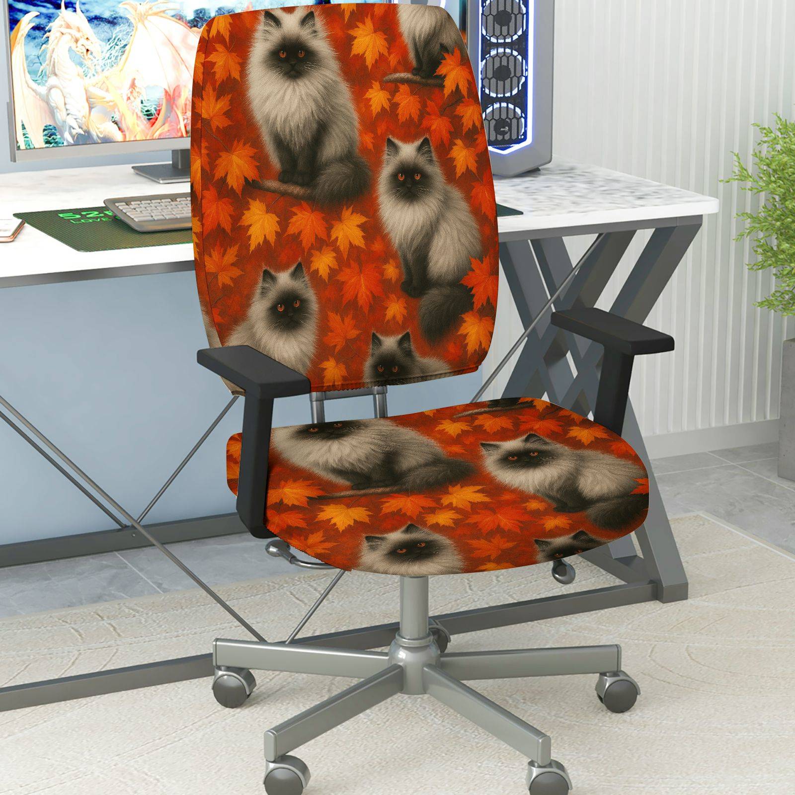 2-Piece Autumn Cats Leaves Pattern  Computer Chair Cover Set, Seat and Backrest