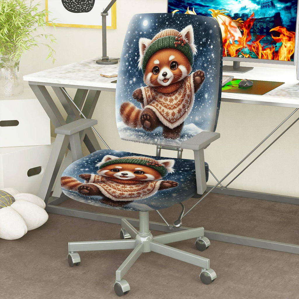 2-Piece Animal Red Panda Winter Snowflakes Holiday  Computer Chair Cover Set, Seat and Backrest