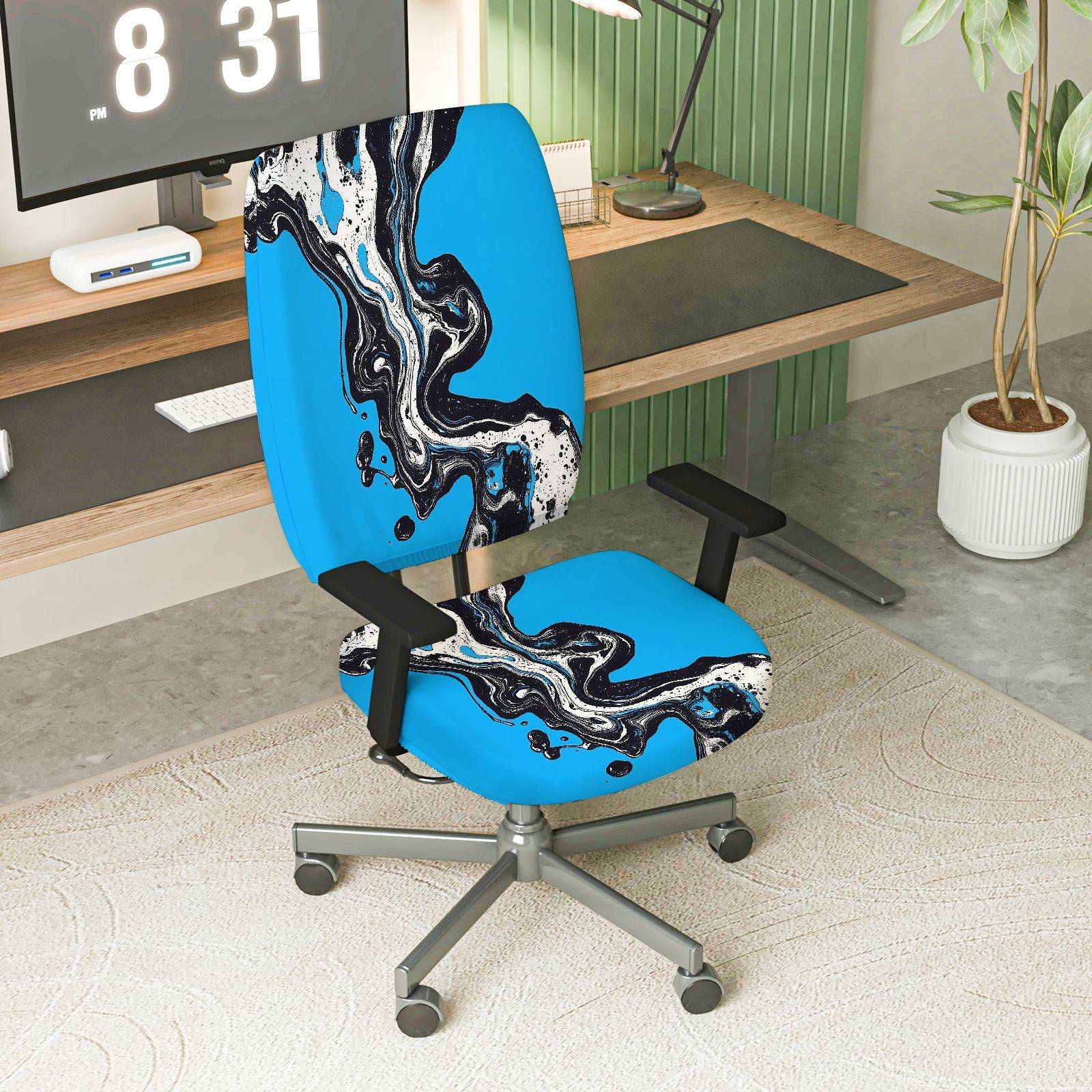 2-Piece Abstract Blue Artistic Modern Stylish  Computer Chair Cover Set, Seat and Backrest