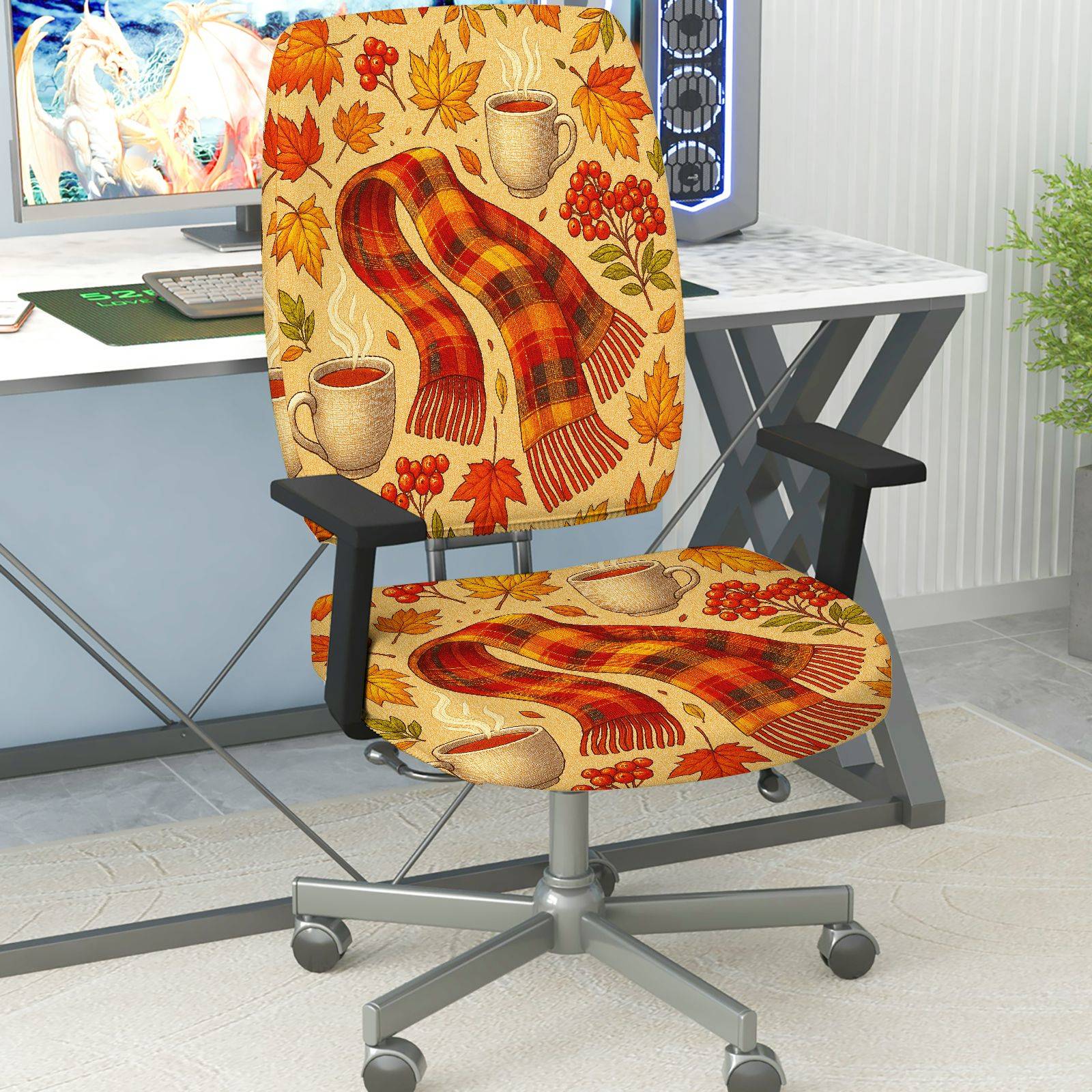 2-Piece Autumn Maple Leaves Coffee Scarf Cozy  Computer Chair Cover Set, Seat and Backrest