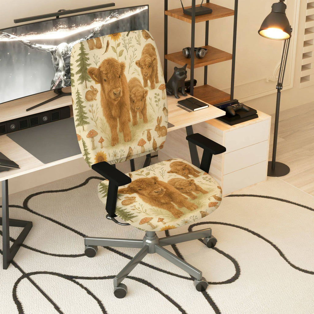 2-Piece Animal Nature Rustic Woodland Highland Cattle  Computer Chair Cover Set, Seat and Backrest