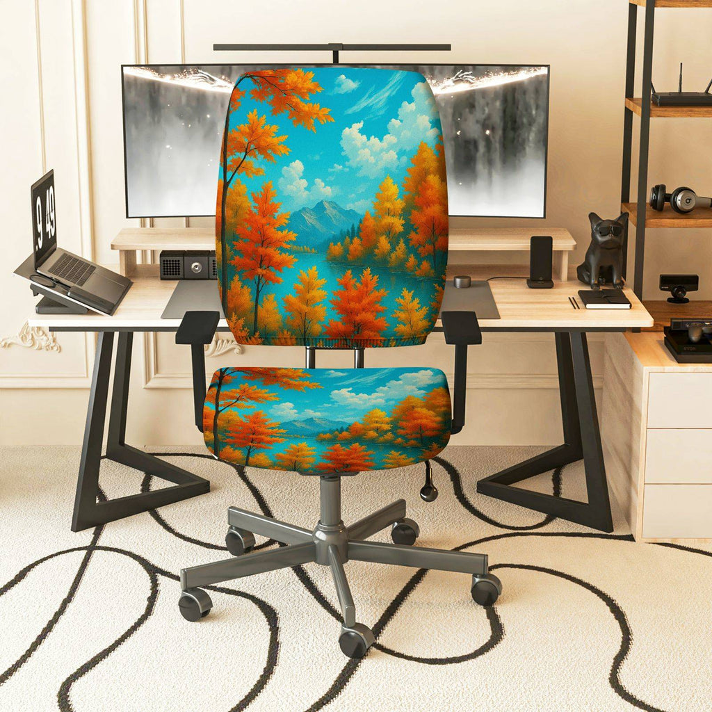 2-Piece Autumn Mountain Forest Scenic Nature  Computer Chair Cover Set, Seat and Backrest