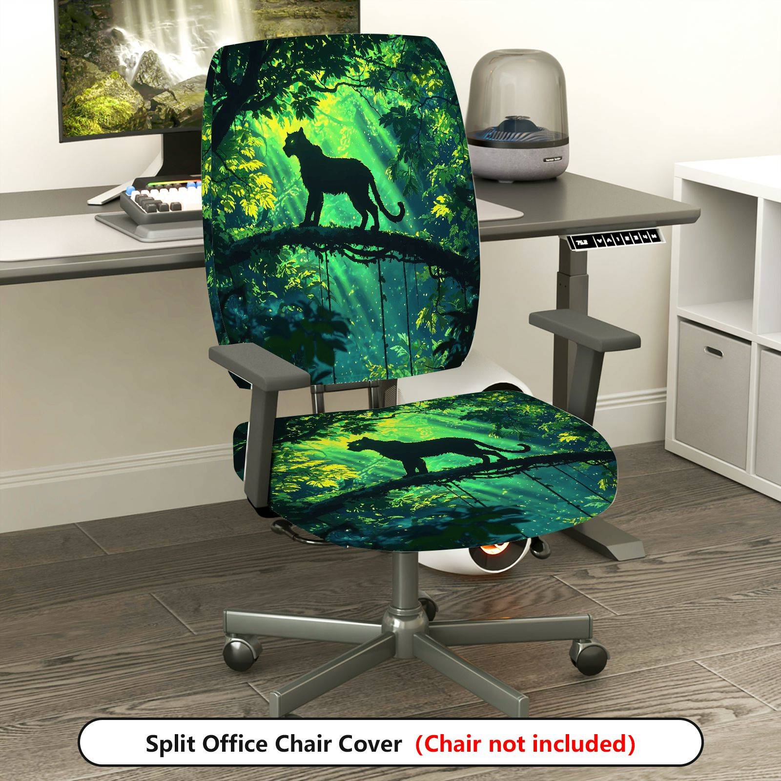 2-Piece Jungle Leopard Animal Forest Green Nature  Computer Chair Cover Set, Seat and Backrest
