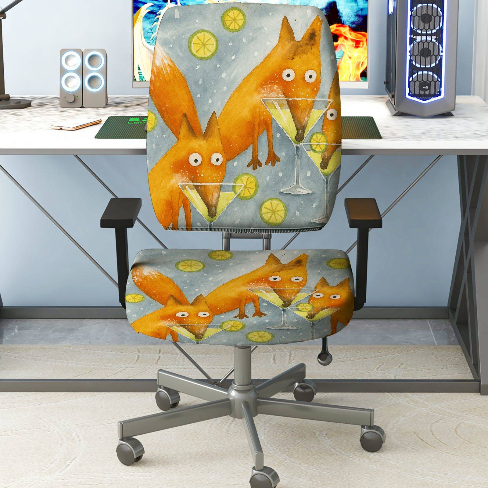 2-Piece Animal Fox Lemon Illustration  Computer Chair Cover Set, Seat and Backrest