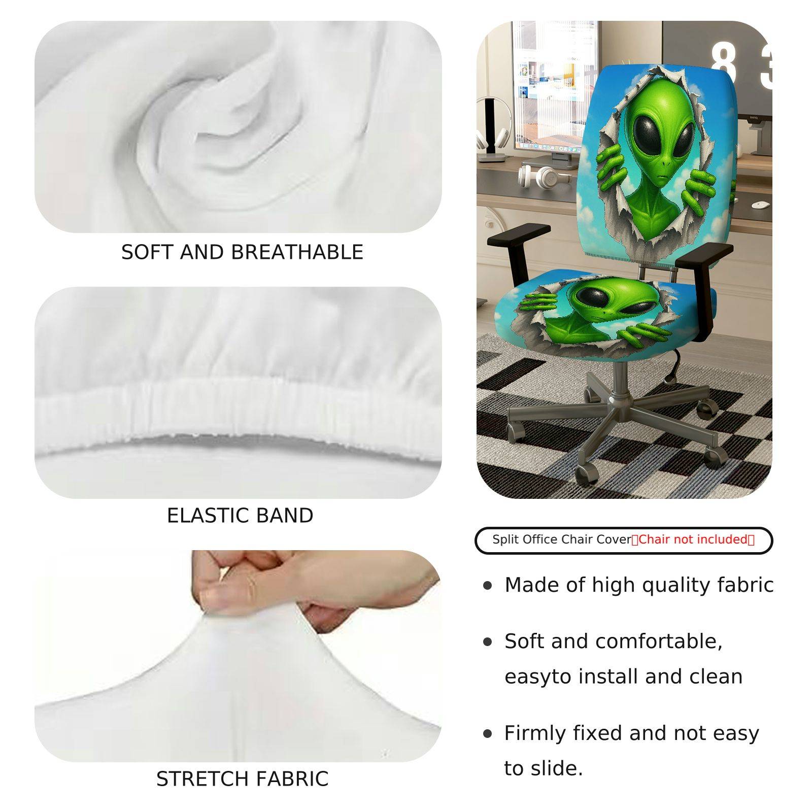 2-Piece Alien Sci-Fi Fun Creative Unique  Computer Chair Cover Set, Seat and Backrest