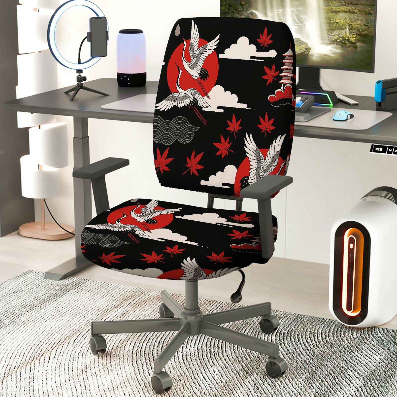 2-Piece Japanese Crane Red Nature Pattern  Computer Chair Cover Set, Seat and Backrest