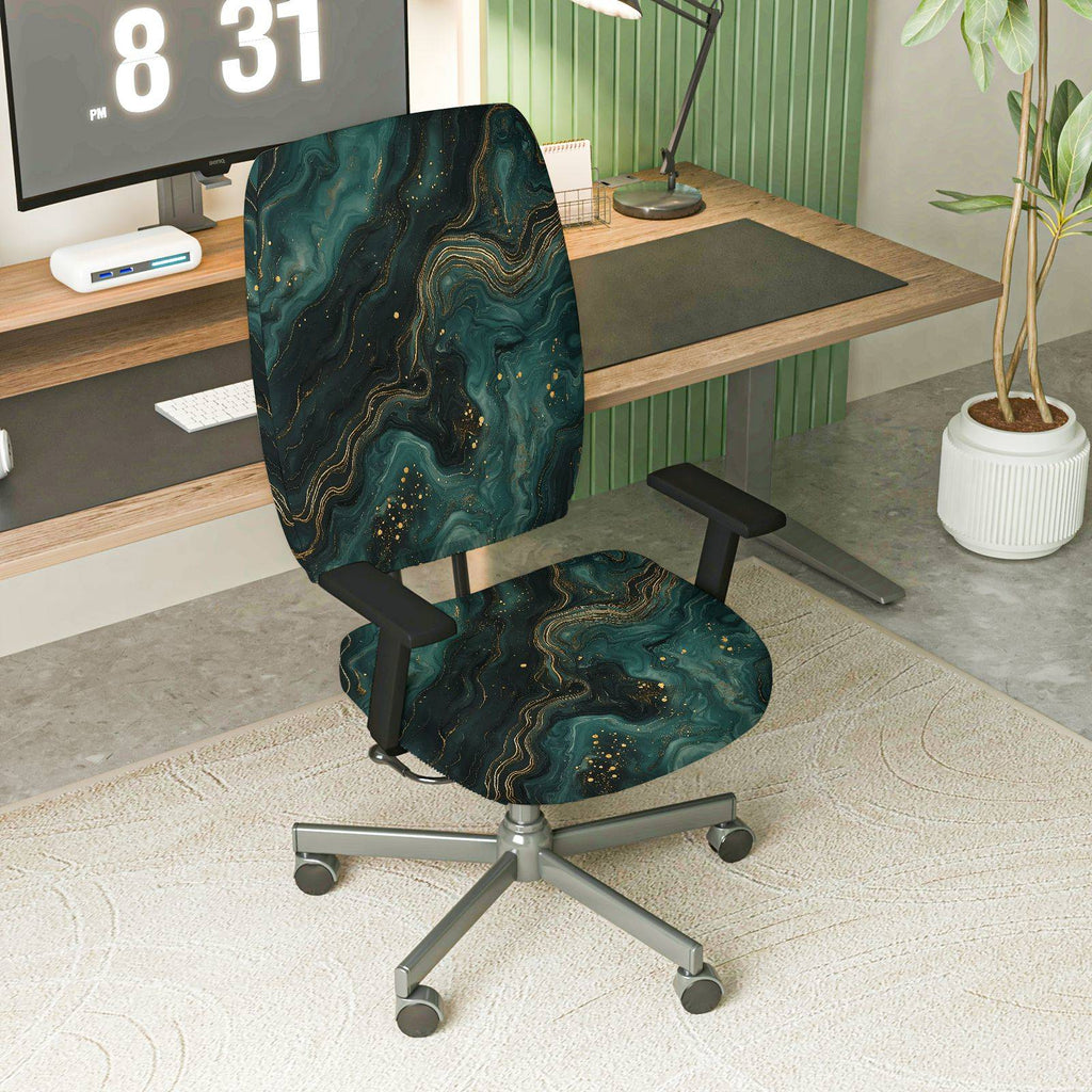 2-Piece Abstract Marble Gold Green Swirl Hypnotic  Computer Chair Cover Set, Seat and Backrest