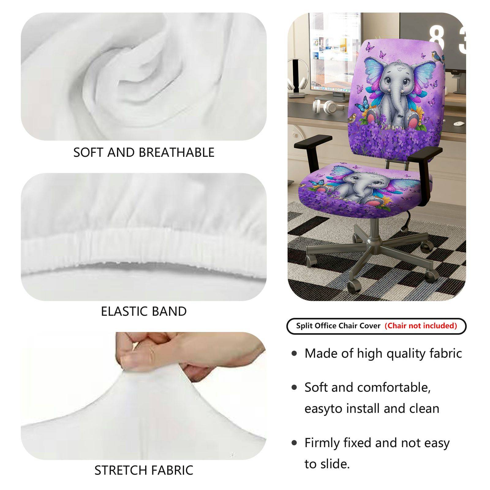 2-Piece Cute Elephant Butterfly Floral Animal Fantasy Purple  Computer Chair Cover Set, Seat and Backrest