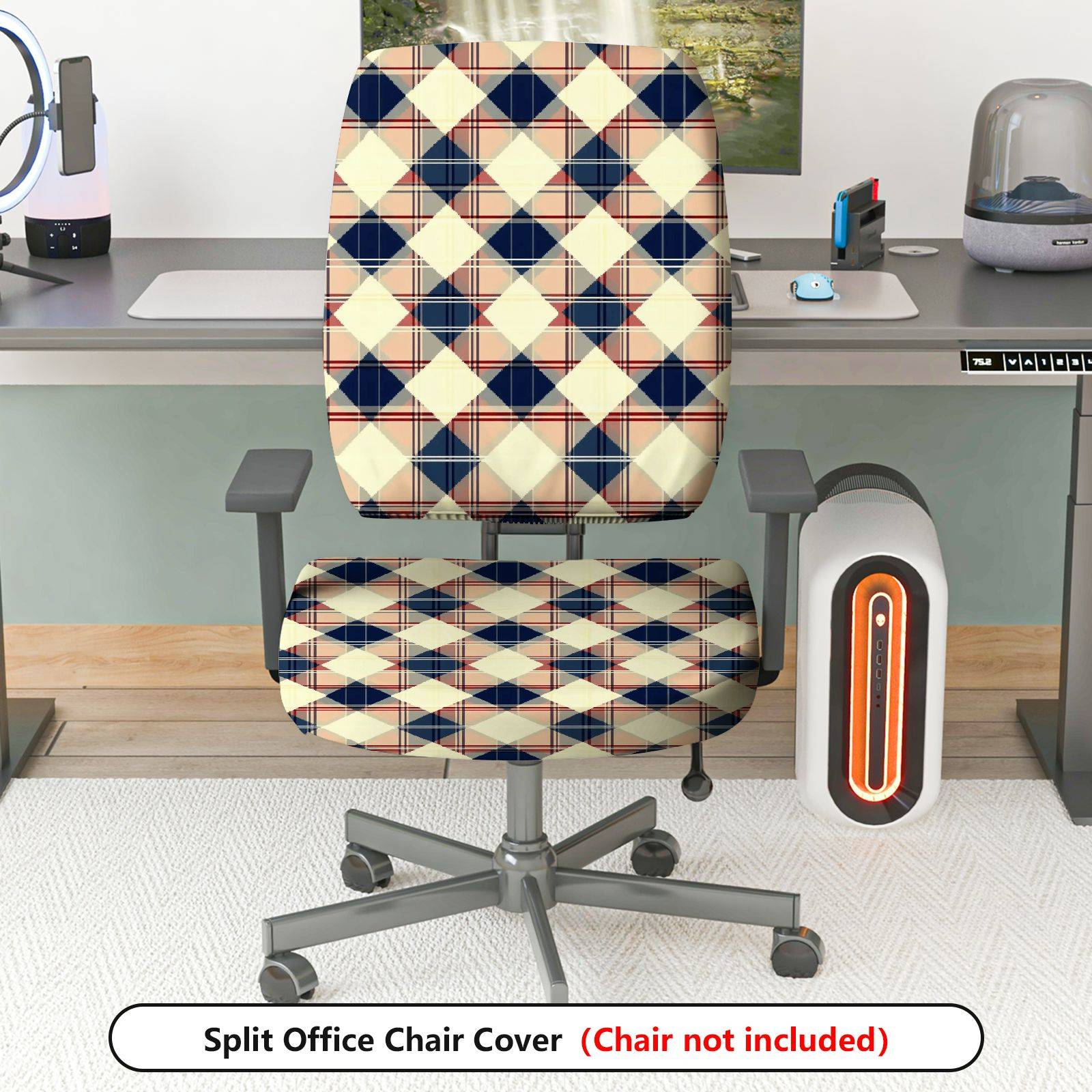2-Piece Blue Red Plaid Geometric Check  Computer Chair Cover Set, Seat and Backrest