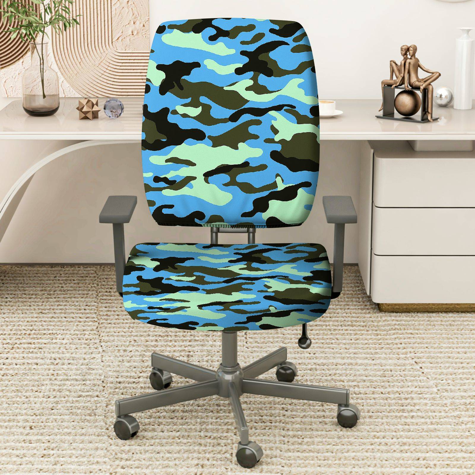 2-Piece Camouflage Green Blue Black  Computer Chair Cover Set, Seat and Backrest