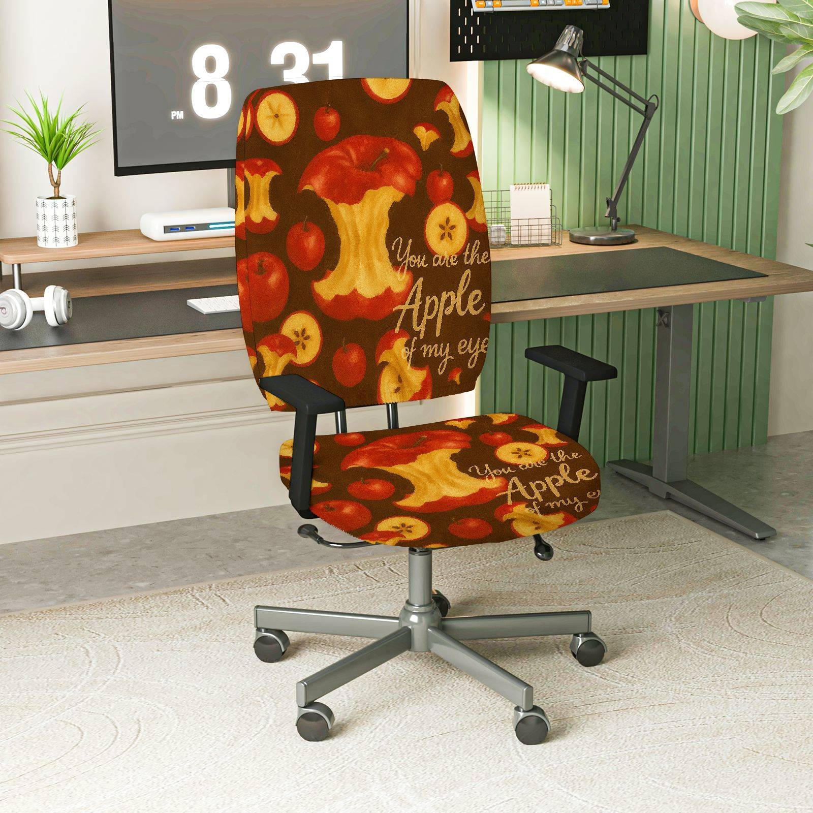 2-Piece Apple Fruit Print Inspirational Quote Red  Computer Chair Cover Set, Seat and Backrest