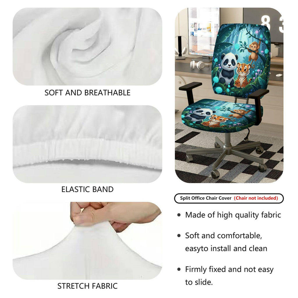 2-Piece Animal Forest Panda Tiger Monkey  Computer Chair Cover Set, Seat and Backrest
