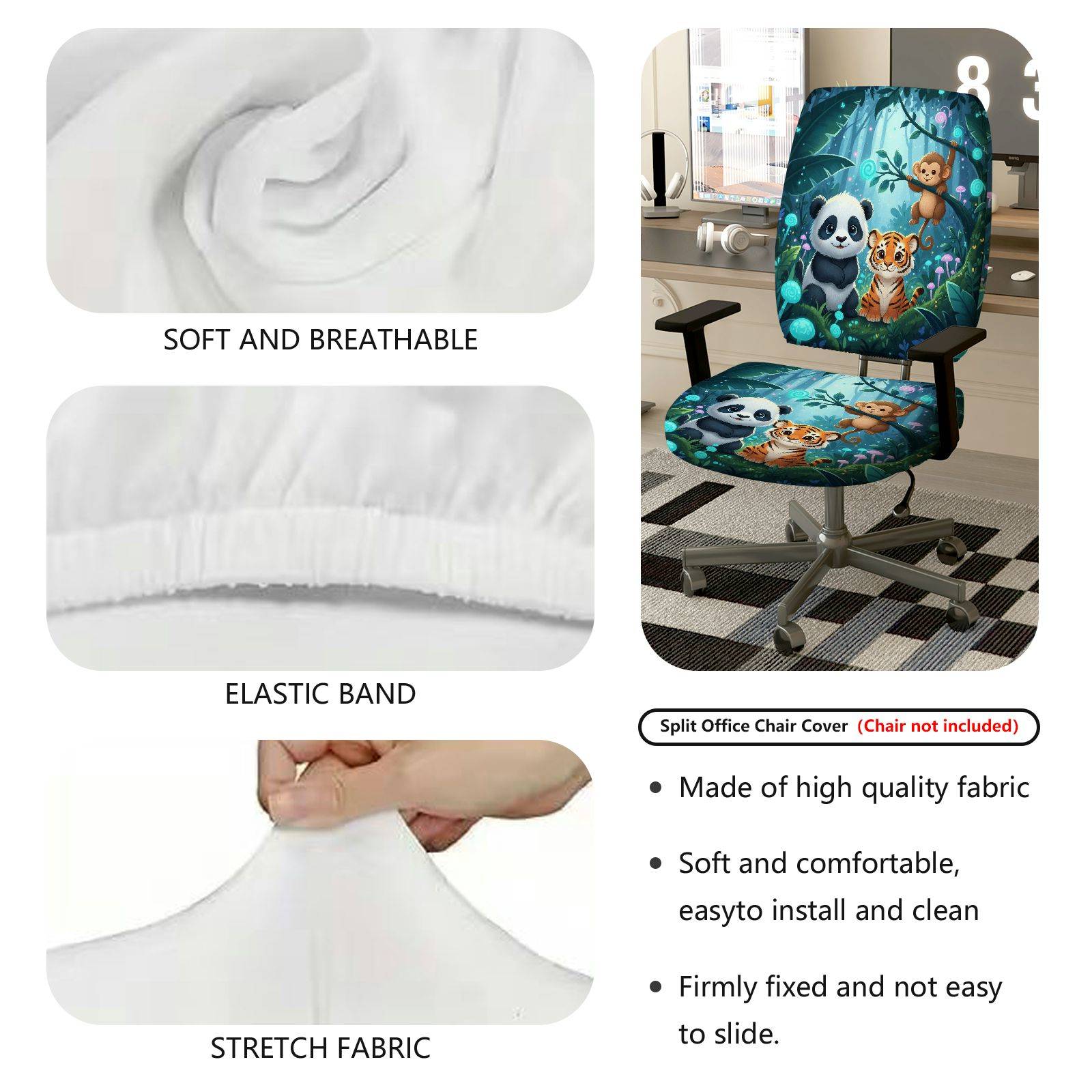 2-Piece Animal Forest Panda Tiger Monkey  Computer Chair Cover Set, Seat and Backrest