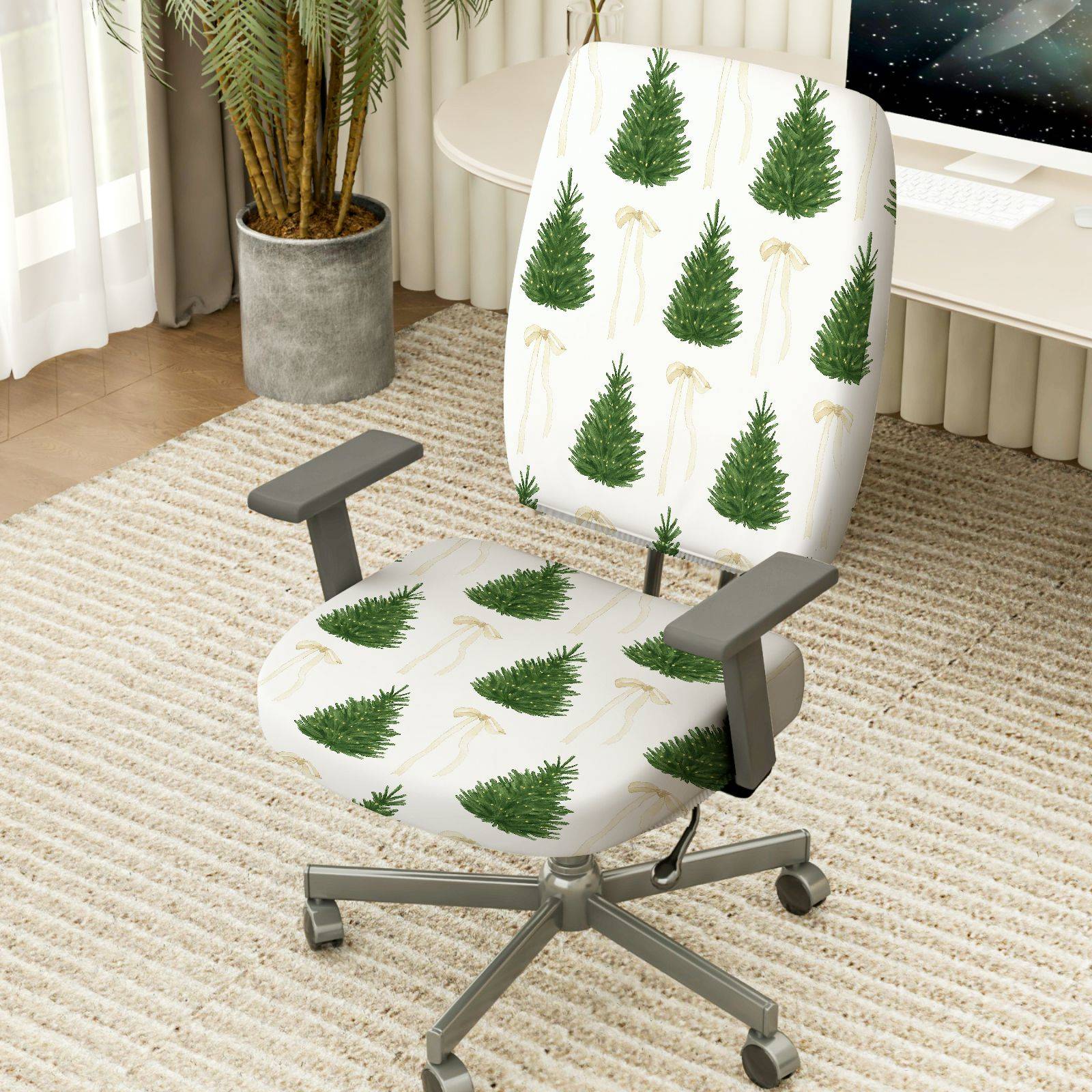 2-Piece Christmas Tree Bow Festive Holiday Decoration  Computer Chair Cover Set, Seat and Backrest
