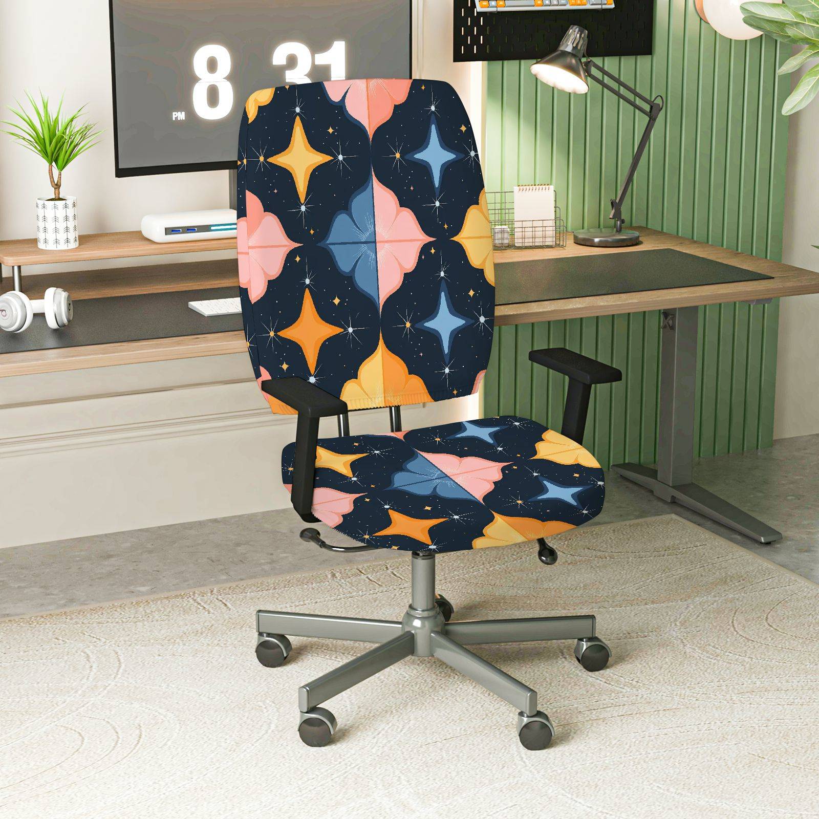 2-Piece Star Geometric Pattern Colorful Modern Stylish  Computer Chair Cover Set, Seat and Backrest