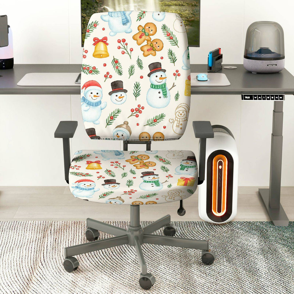 2-Piece Christmas Snowman Gingerbread Bells Holly  Computer Chair Cover Set, Seat and Backrest
