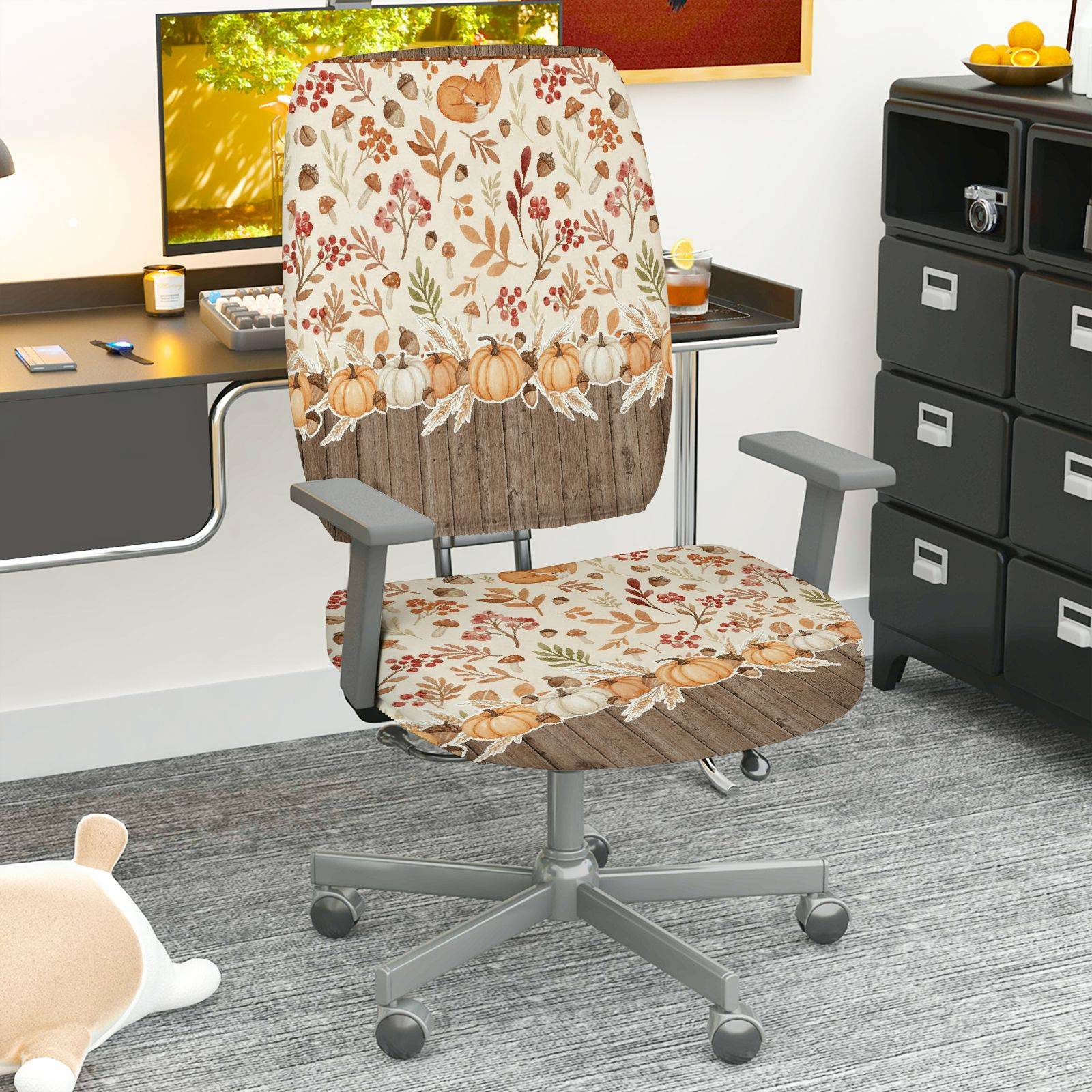 2-Piece Autumn Pumpkin Floral Pattern Thanksgiving  Computer Chair Cover Set, Seat and Backrest