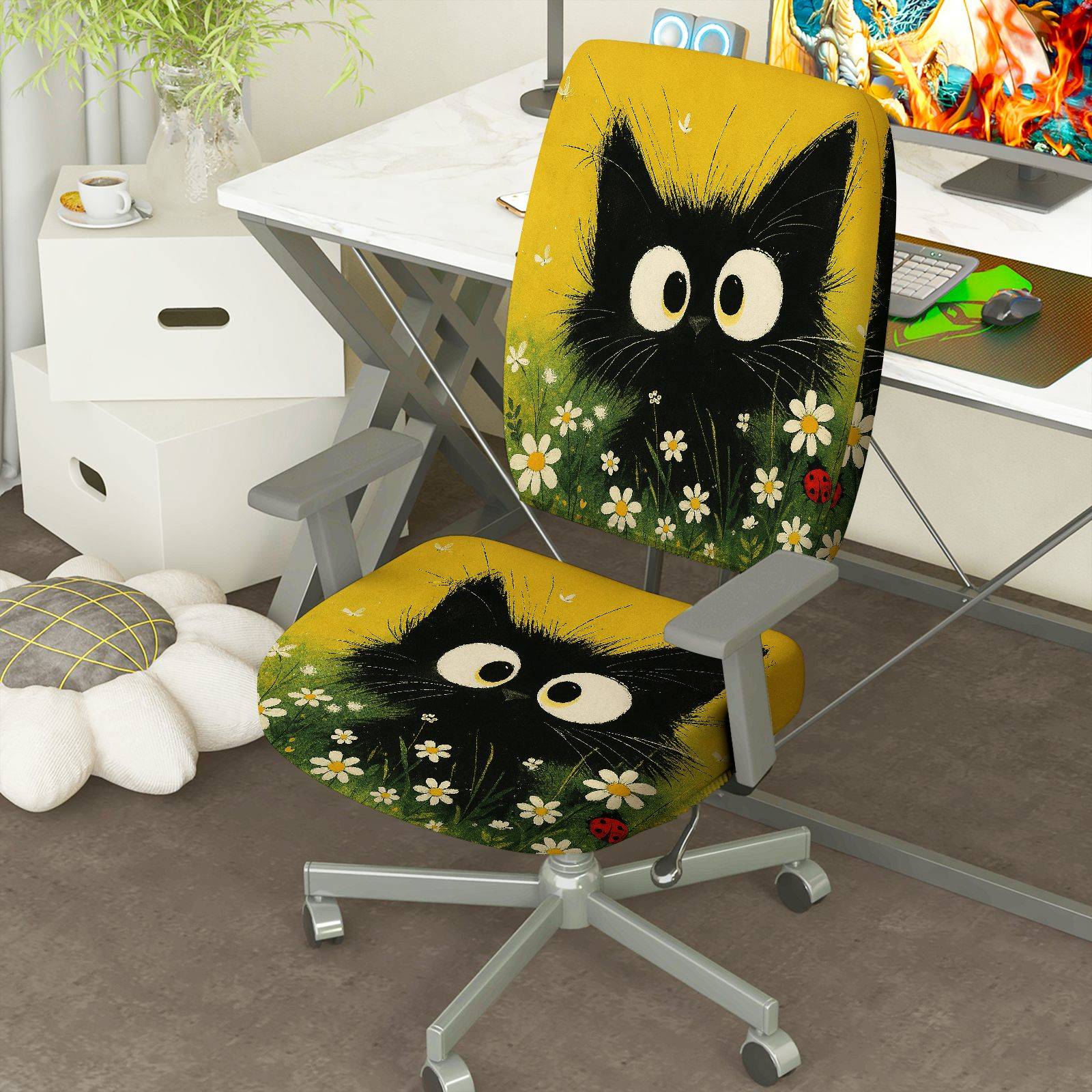2-Piece Animal Floral Pattern Black Cat  Computer Chair Cover Set, Seat and Backrest