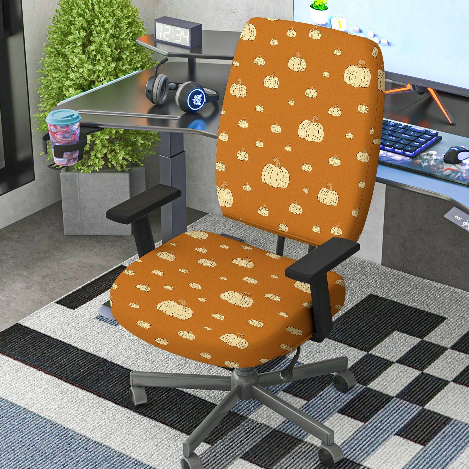 2-Piece Autumn Fall Pumpkin Harvest Printed  Computer Chair Cover Set, Seat and Backrest