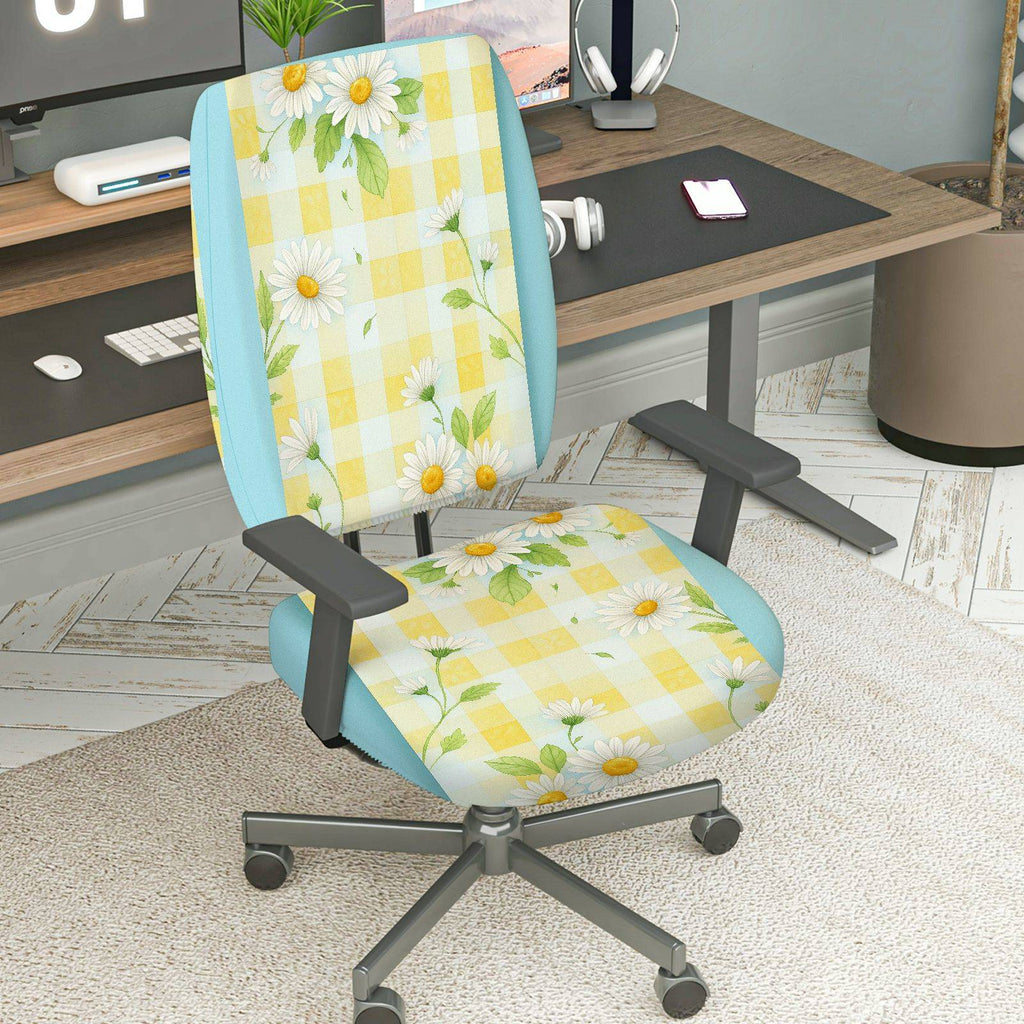 2-Piece Yellow Floral Daisy Checkered Spring Summer  Computer Chair Cover Set, Seat and Backrest