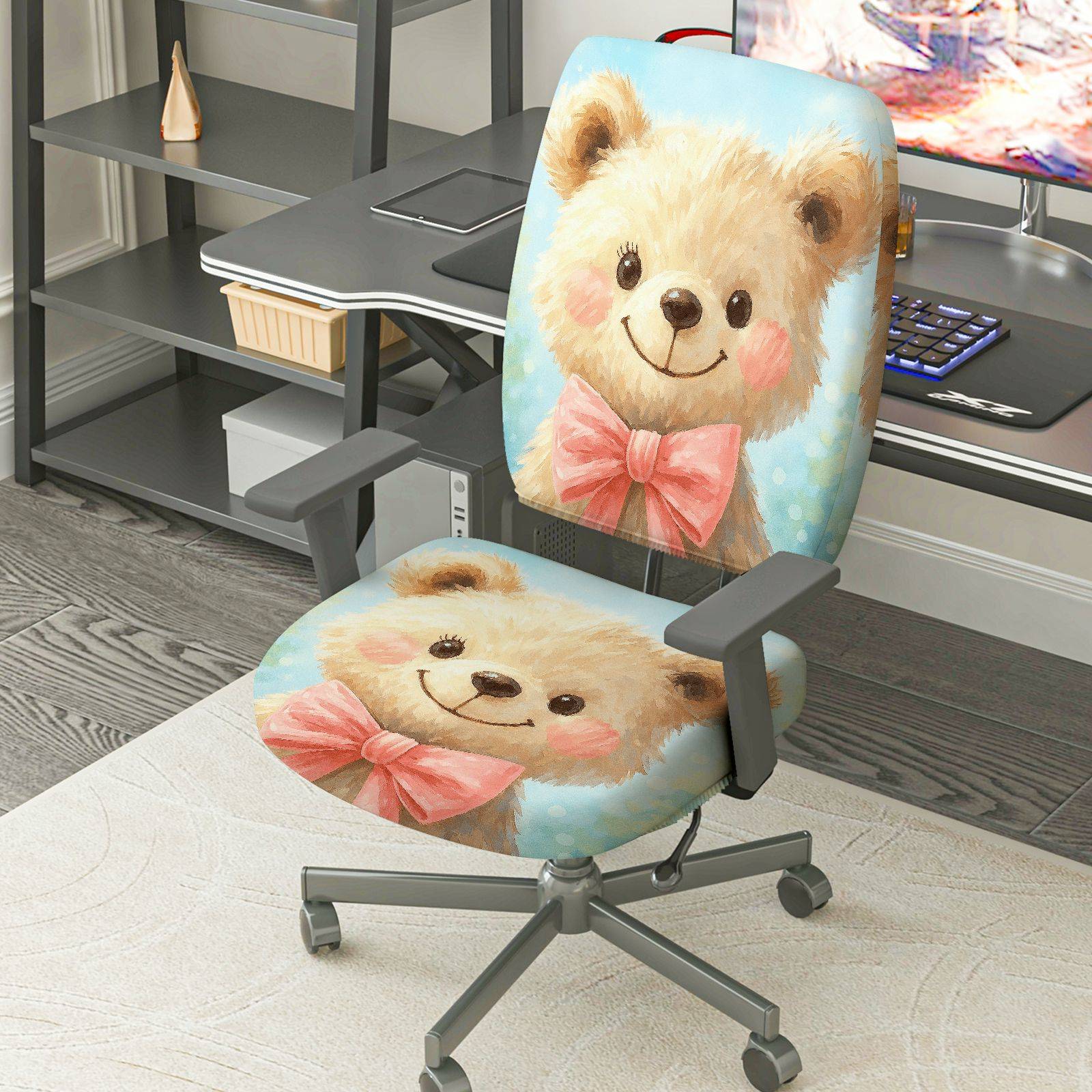 2-Piece Animal Cute Bow Smiling Bear Decorative  Computer Chair Cover Set, Seat and Backrest