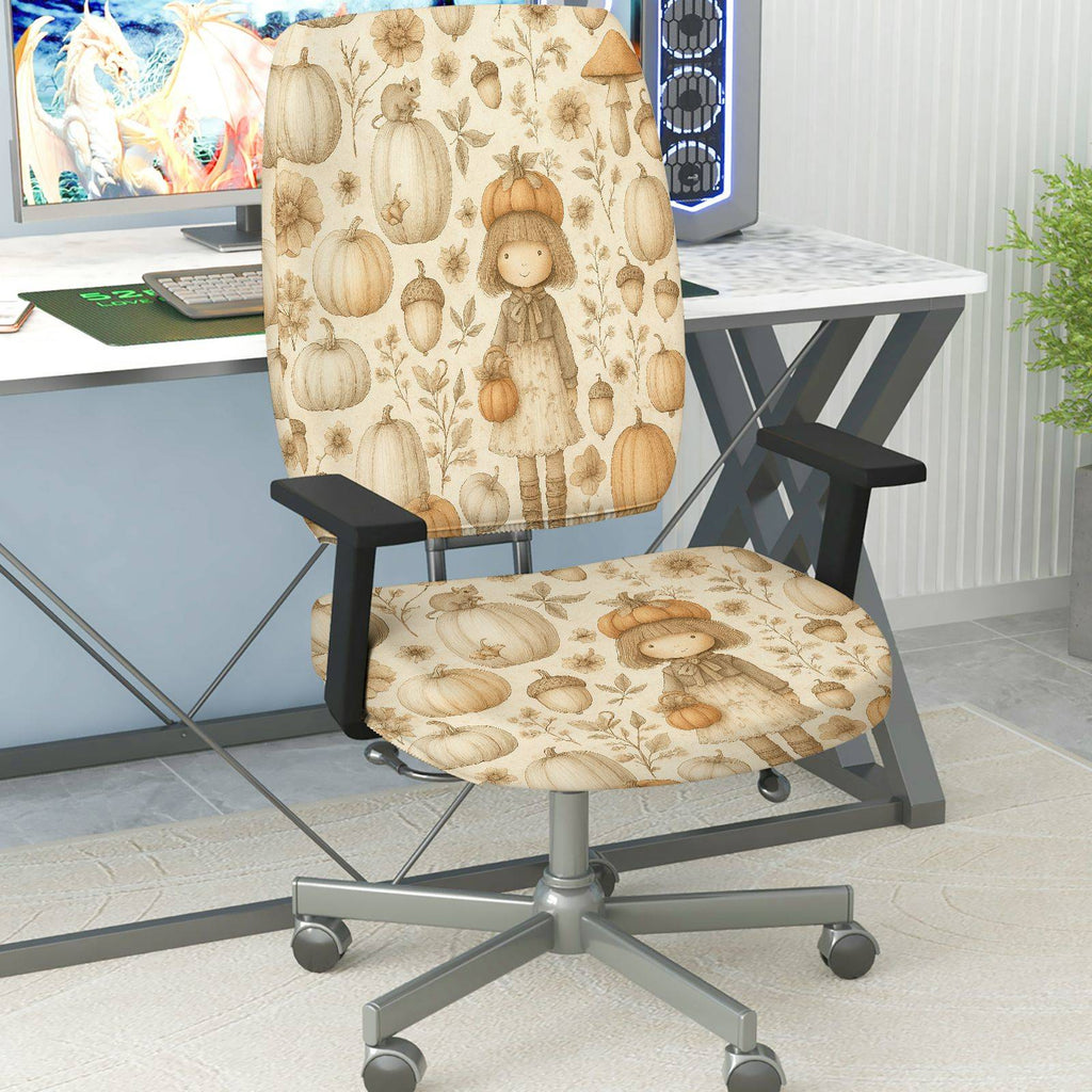 2-Piece Autumn Pumpkin Girl Floral Harvest  Computer Chair Cover Set, Seat and Backrest
