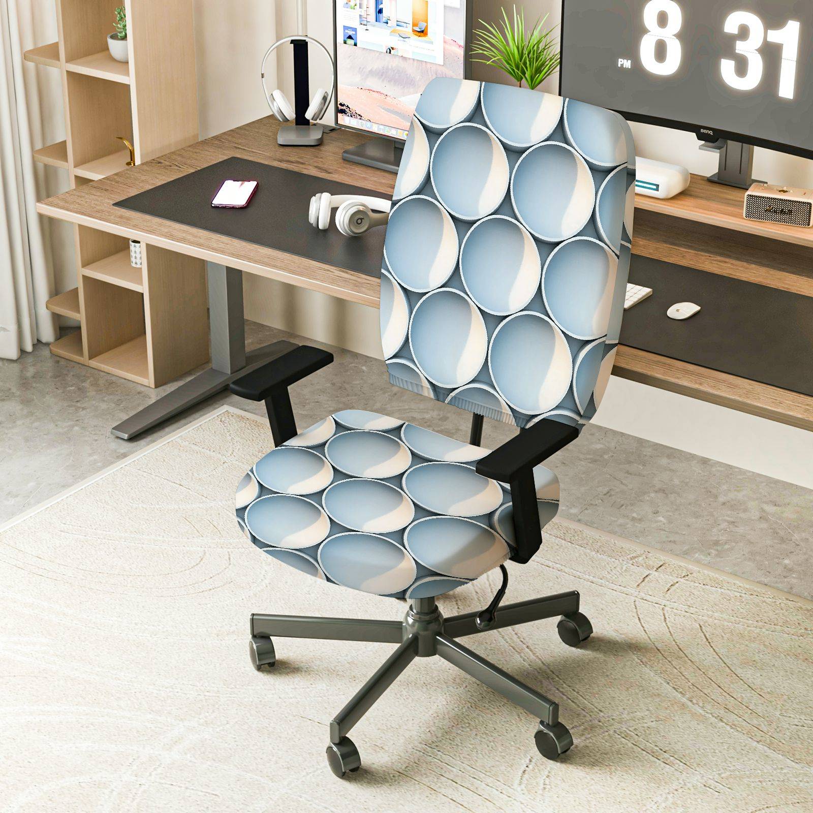 2-Piece Modern Geometric Blue Pattern Stretchy  Computer Chair Cover Set, Seat and Backrest