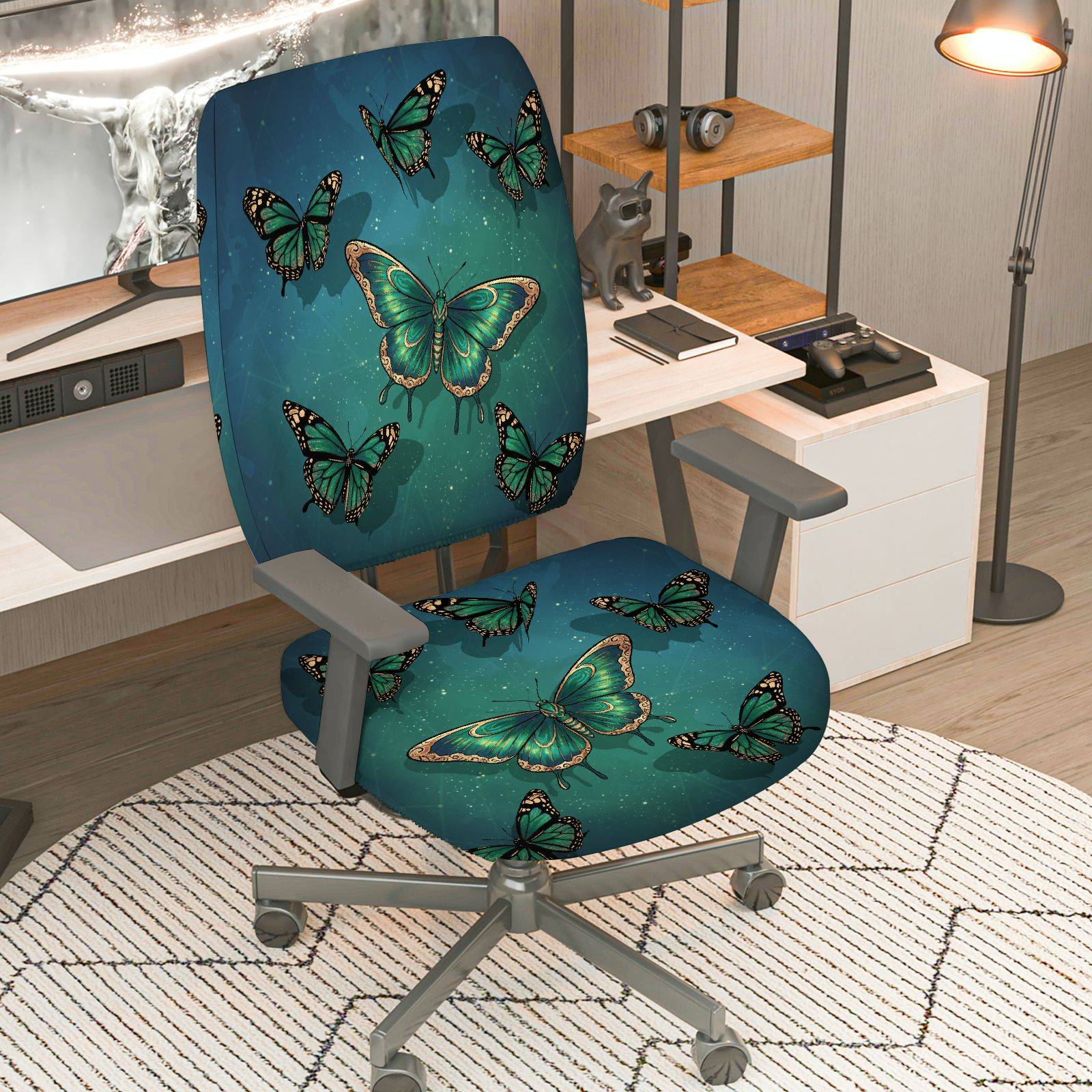 2-Piece Butterfly Green Blue Black Nature Art  Computer Chair Cover Set, Seat and Backrest