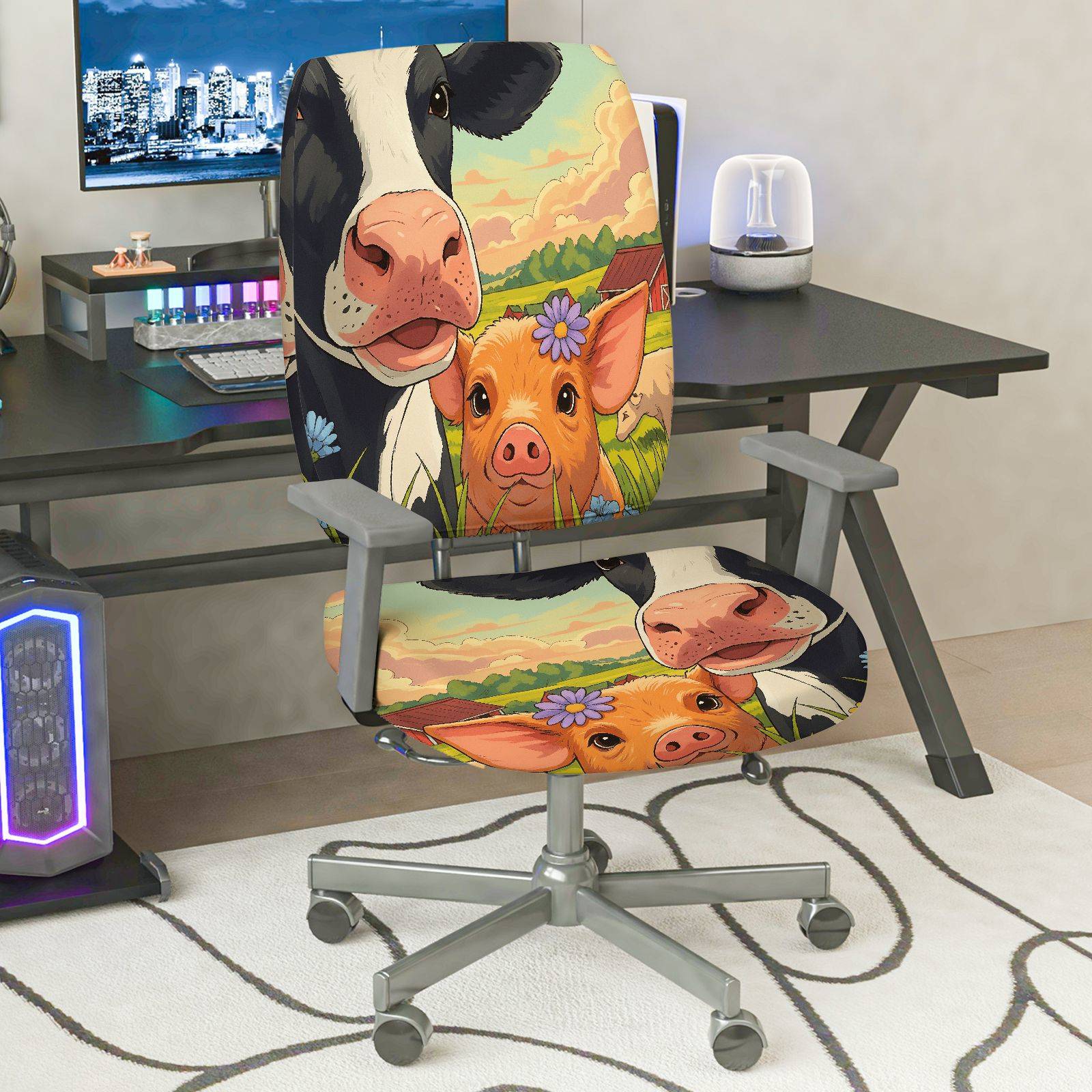2-Piece Farm Animal Cow Pig Floral Scenic  Computer Chair Cover Set, Seat and Backrest