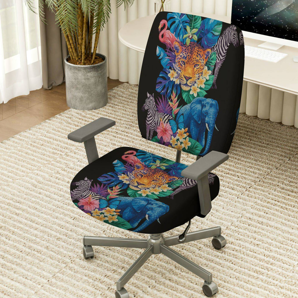 2-Piece Jungle Animal Floral Wildlife Safari Tropical  Computer Chair Cover Set, Seat and Backrest
