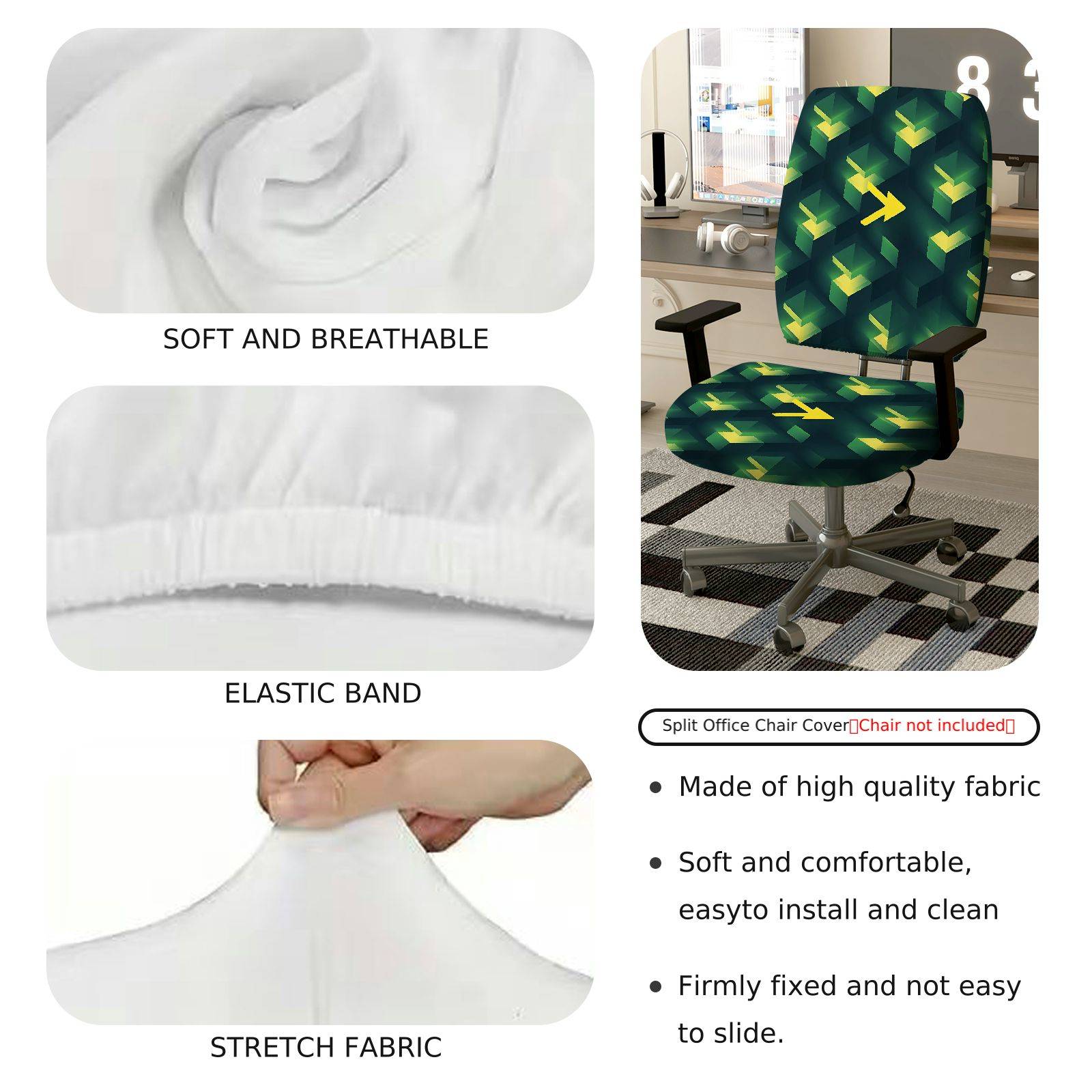 2-Piece Geometric Green Arrow Pattern  Computer Chair Cover Set, Seat and Backrest