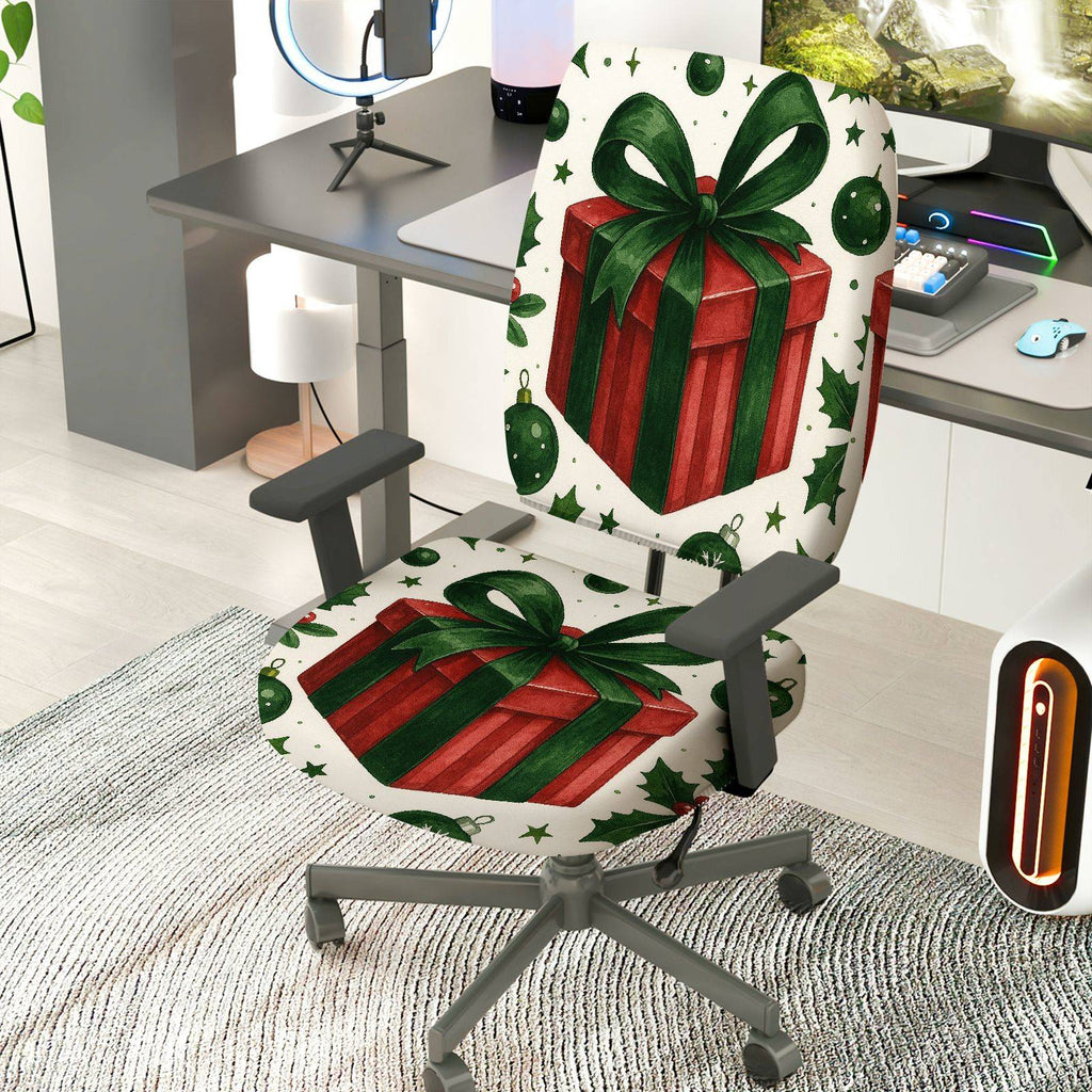 2-Piece Christmas Holiday Gift Bow Green Red  Computer Chair Cover Set, Seat and Backrest