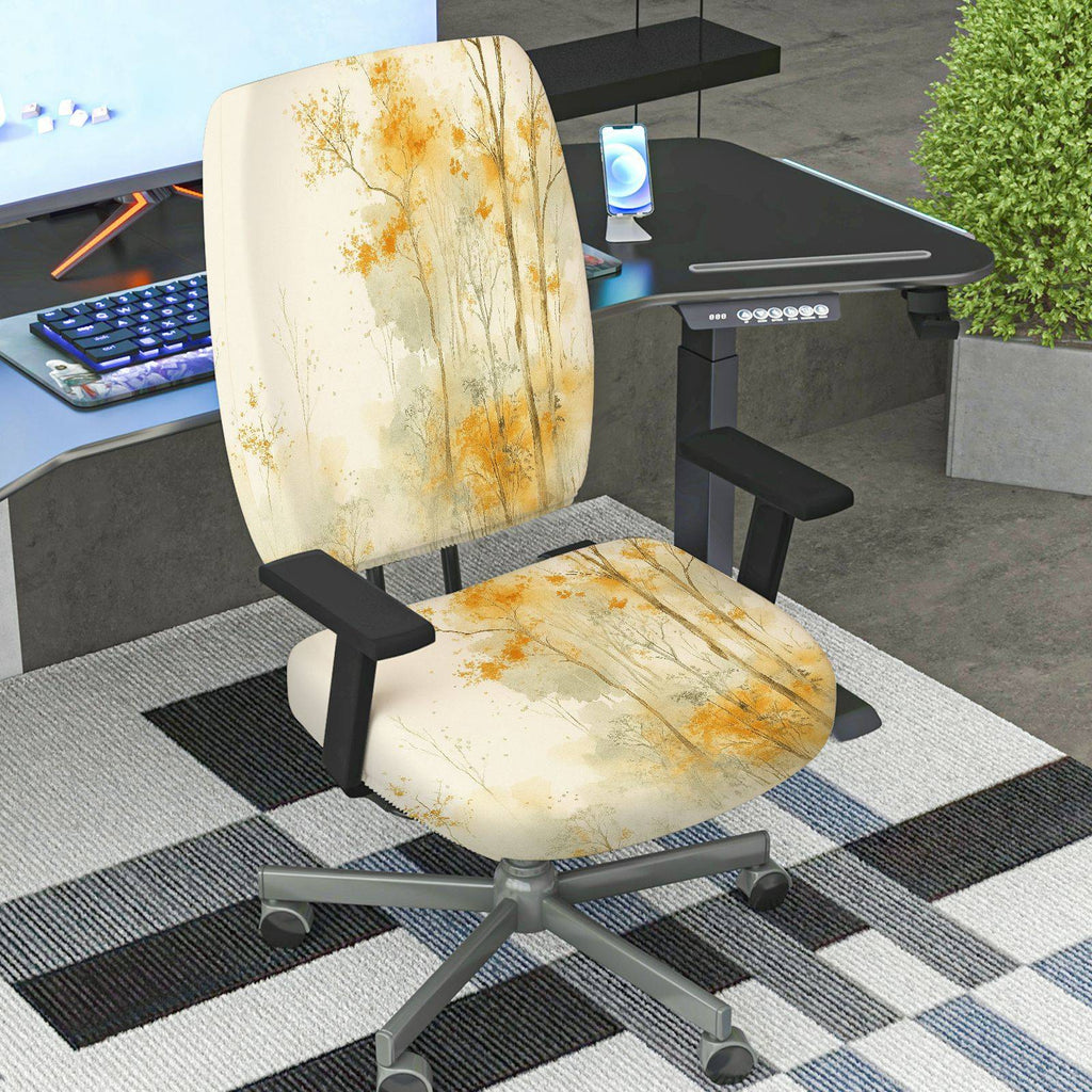 2-Piece Autumn Scenic Forest Tree Artistic  Computer Chair Cover Set, Seat and Backrest
