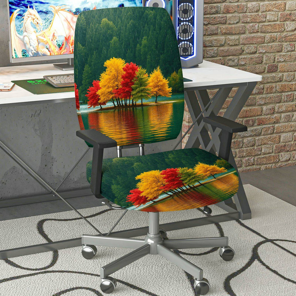 2-Piece Autumn Nature Landscape Forest Lake Home  Computer Chair Cover Set, Seat and Backrest