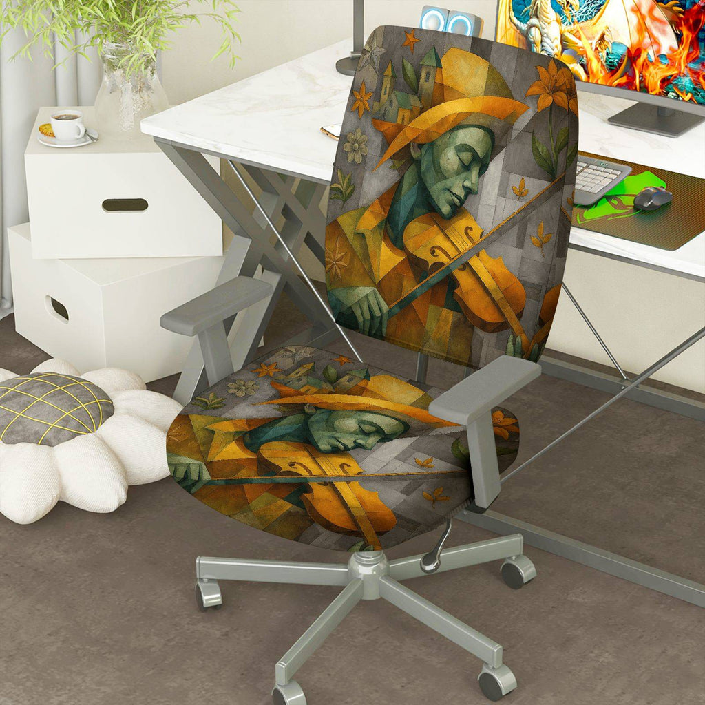 2-Piece Artistic Violinist Floral Geometric Abstract  Computer Chair Cover Set, Seat and Backrest