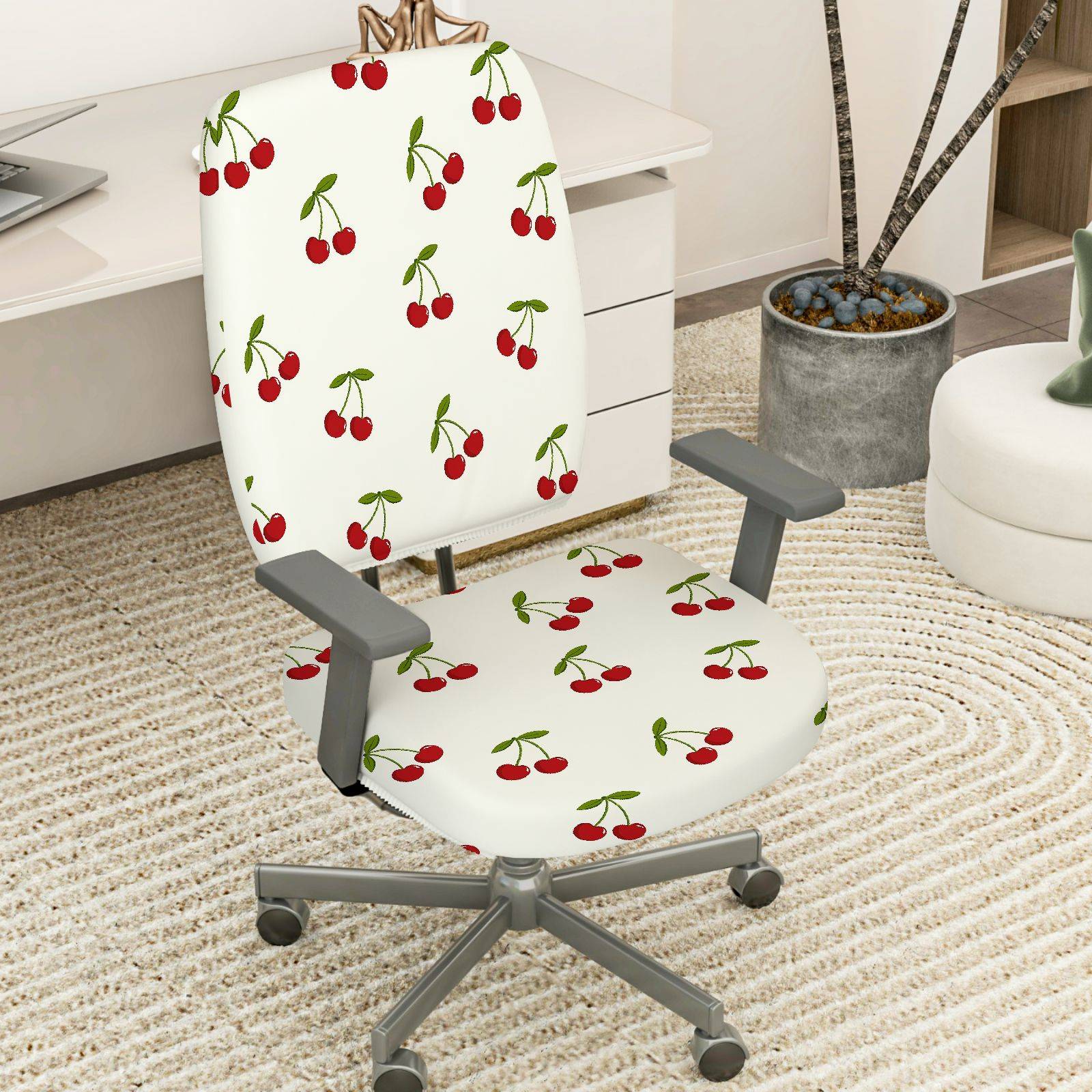 2-Piece Cherry Pattern Red Green White  Computer Chair Cover Set, Seat and Backrest