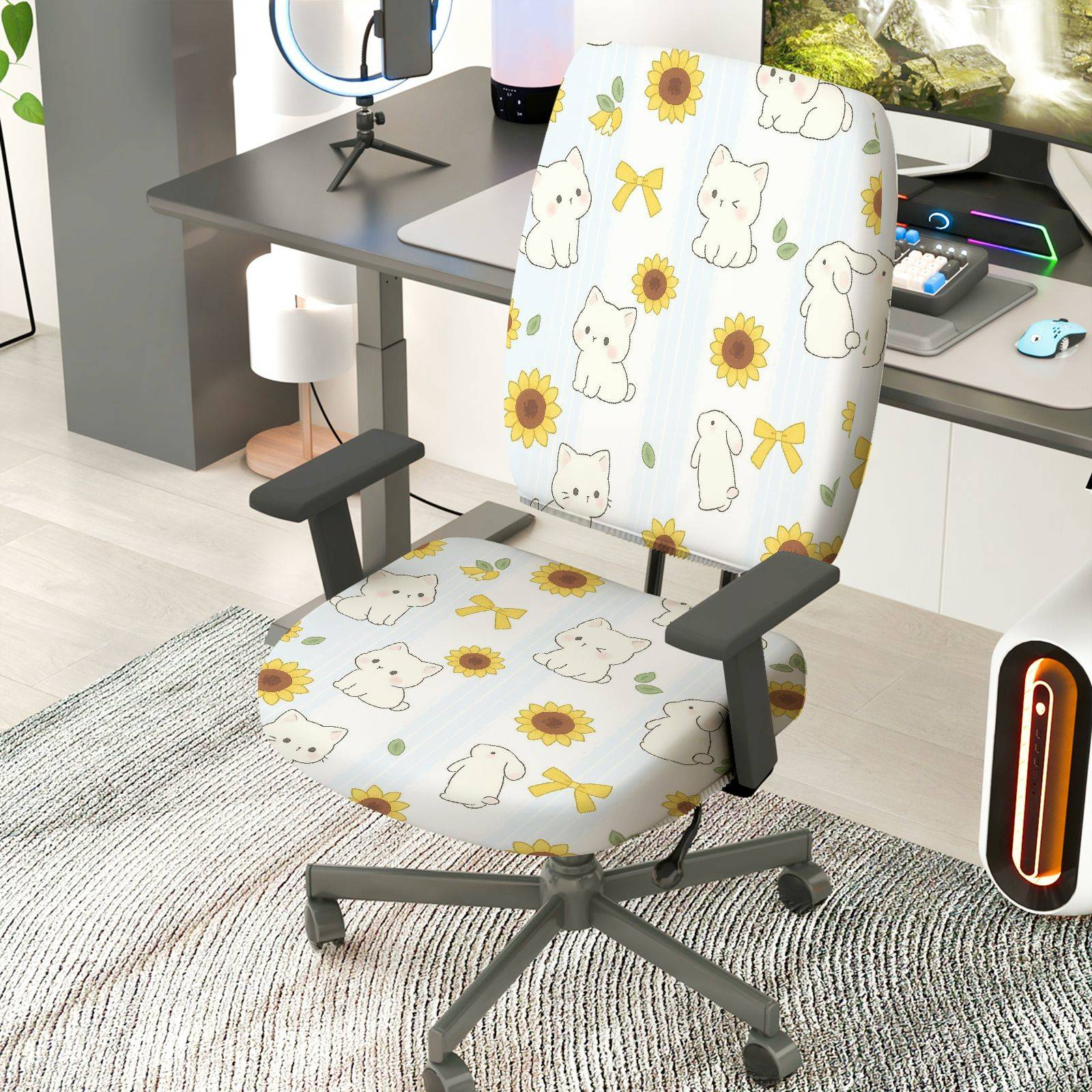 2-Piece Cute Sunflower Cat Bow Spring  Computer Chair Cover Set, Seat and Backrest