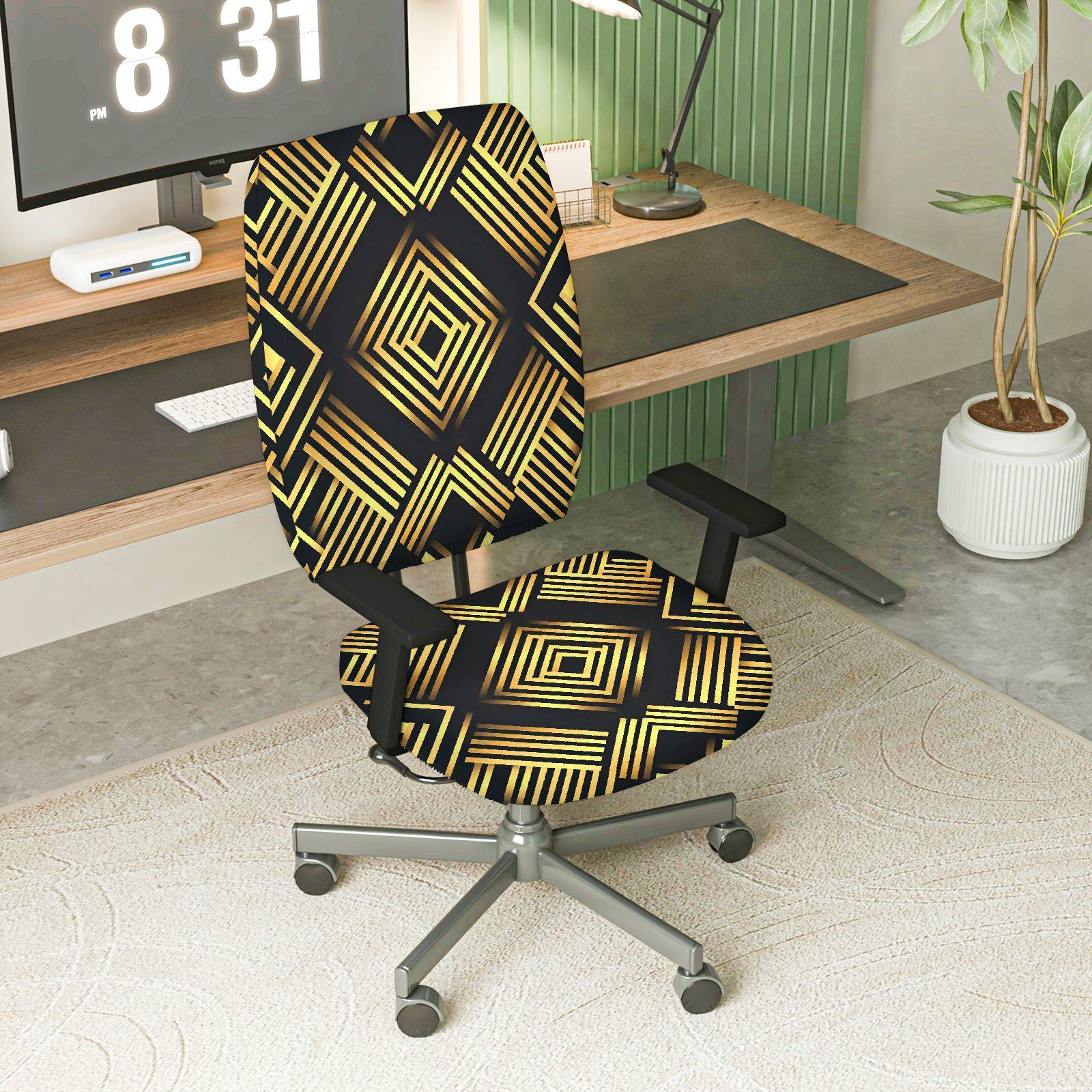 2-Piece Geometric Modern Stylish Black Gold Elegant  Computer Chair Cover Set, Seat and Backrest
