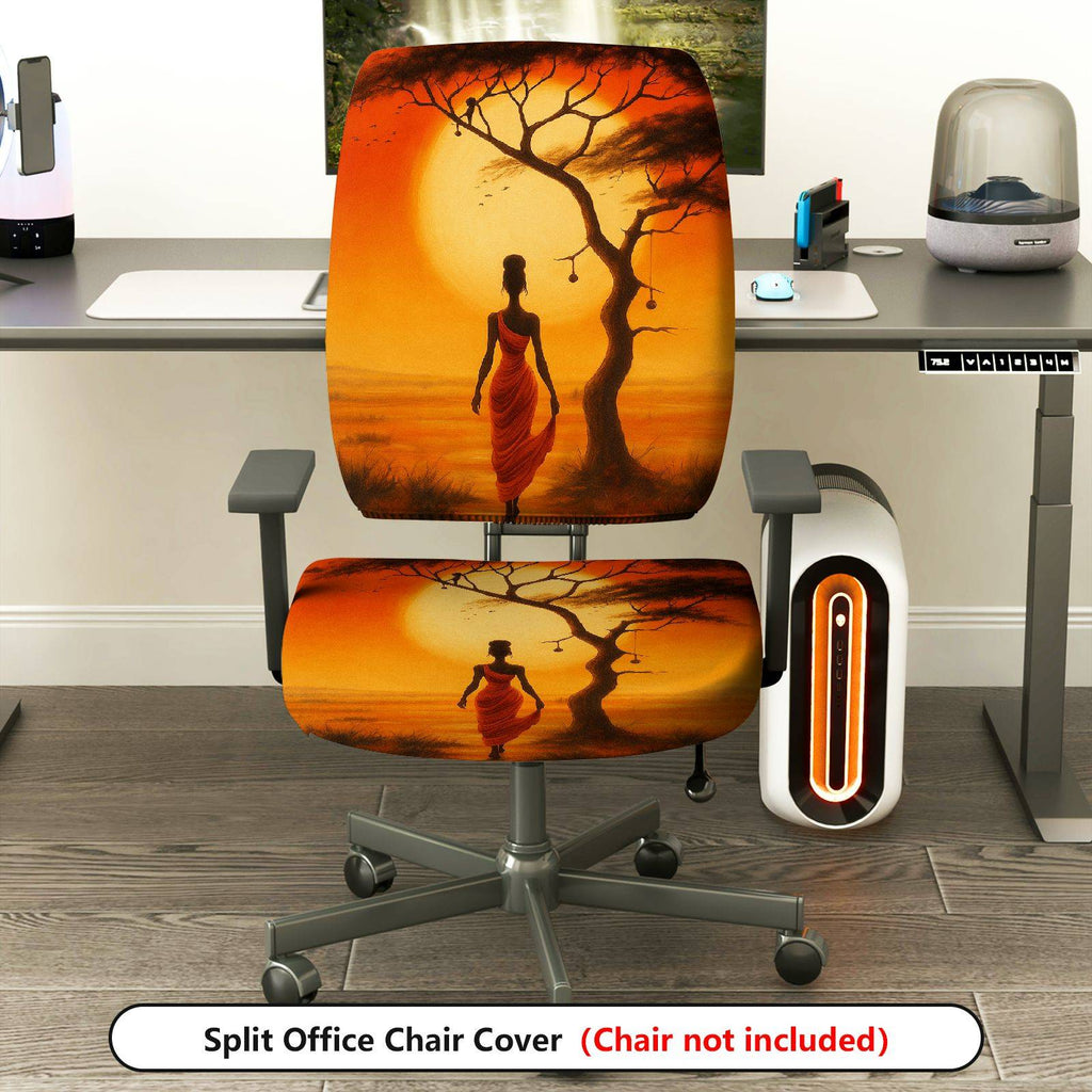 2-Piece African Sunset Woman Art Landscape Tree  Computer Chair Cover Set, Seat and Backrest